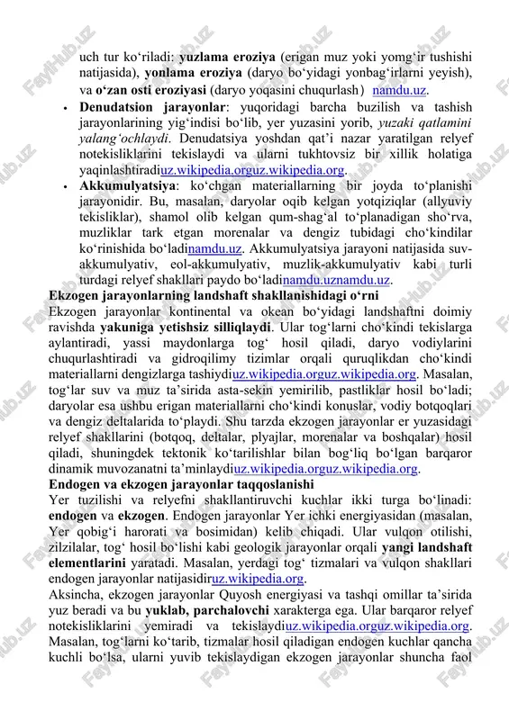 , suzilib olib ketilib, sohil bo‘ylab ag‘dariladi. bu jarayon natijasida qirqalar (klif), plyaj hamda turli sho‘rli sayoz sirtlar hosil bo‘ladinamdu.uz. dengiz to‘lqinining qirg‘oqqa mexanik ta’siri bo‘lsa-da, u suvdagi minerallar bilan kimyoviy reaksiya orqali korroziyaviy ta’sir ham ko‘rsatadi. shu sababli abraziyada mexanik, kimyoviy va termik turlari ajratiladinamdu.uz. · korroziya: tog‘ jinslarining tabiiy suv, ayniqsa dengiz suvi yoki kislotali suvlar ta’sirida eritilishi va erigan holda tarqalishidirnamdu.uz. masalan, karbonat angidridli suv ohaktoshni eriydi, natijada suv ostida va qirg‘oqlarda karst shakllari yuzaga keladi. korroziya natijasida paydo bo‘lgan jarliklar va chuqurchalar dengiz asosli korroziya shakllariga kiradi. · eroziya: suvlarda yoki shamollarda oqib-toshayotgan suv oqimlari va shamollar orqali jinslarning yuvilib, mayda zarrachalarga aylanib ketishidirnamdu.uz. masalan, daryo oqimi suvning mexanik ta’siri bilan qiya loyqa yer qatlamlarini ham maydalashi mumkin. eroziya jarayonida uch tur ko‘riladi: yuzlama eroziya (erigan muz yoki yomg‘ir tushishi natijasida), yonlama eroziya (daryo bo‘yidagi yonbag‘irlarni yeyish), va o‘zan osti eroziyasi (daryo yoqasini chuqurlash）namdu.uz. · denudatsion …
