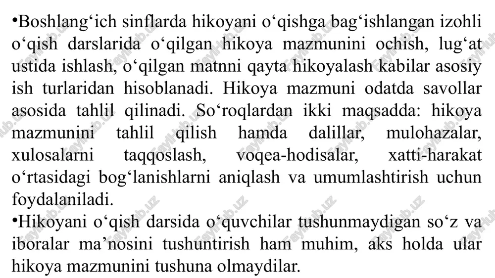 ‘quvchining ijodiy faolligi ortadi, ijodiy fikrlash doirasi kengayadi. 1. chingizxonning hiyla ishlatgan o‘rnini matndan topish. uning o‘quvchilarda qanday taassurot qoldirganligini aniqlash. 2. jaloliddin manguberdining eron va afg‘onistonda mo‘g‘ullarga qarshi kurashib, erishgan g‘alabasi tasvirlangan o‘rinni topib o‘qish. «jaloliddin manguberdi» hikoyasi qahramonlarini, ularning xatti-harakatlarini o‘rganish va tahlil qilishni matnga tayangan holda quyidagi reja asosida amalga oshirish mumkin: 3. lashkarboshilarning o‘lja taqsimlashi oqibatida nima yuz berganini aniqlash. bu o‘rinni matndan topish. 4. jaloliddin manguberdining jasorati yana qaysi o‘rinda ko‘ringanini aniqlash. 5. chingizxon jaloliddin manguberdiga nima uchun tan berganini aytish. shundan so‘ng o‘quvchilar jaloliddin manguberdi haqida ongli fikr yuritadilar. chingizxon bilan jaloliddin manguberdining xatti-harakatlarini taqqoslab, farqlaydilar. 1. matn mazmuni yuzasidan o‘qituvchi savollariga javob berish. 2. hikoya matni asosidagi savol-topshiriqlarni bajarish. 3. hikoya mazmuni yuzasidan o‘quvchilarning savollar tuzishi. 4. hikoya mazmuniga mos rasmlar chizish. 5. hikoya matnini qismlarga bo‘lish. 6. har bir qismga sarlavha topish. 7. hikoyaga reja tuzish. 8. reja asosida qayta hikoyalash (to‘liq, …
