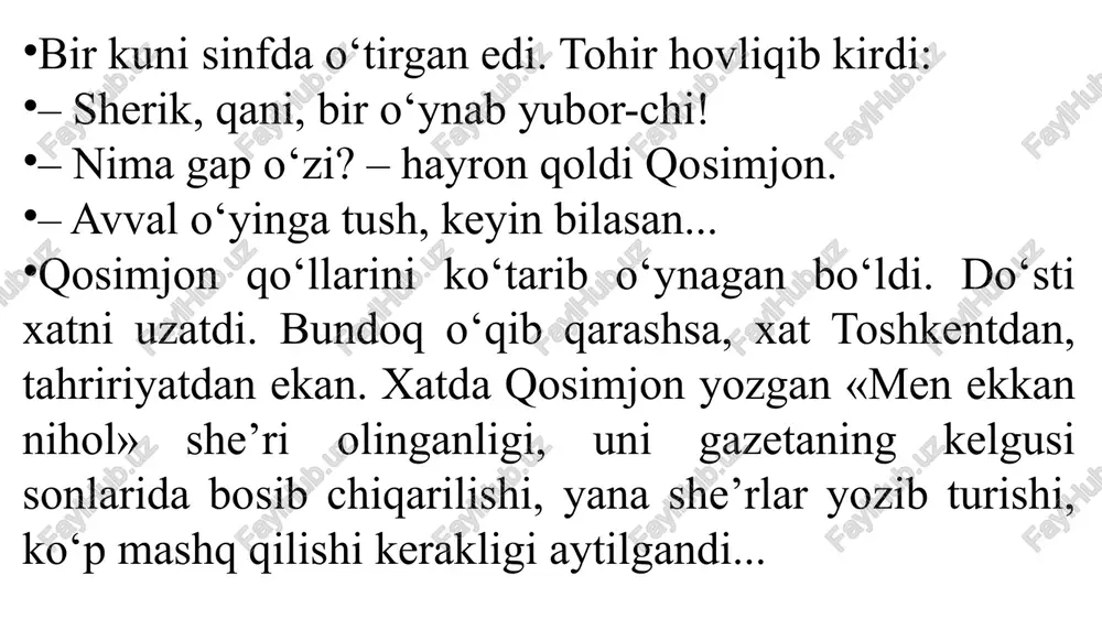 kechirim so‘ra! – dedi u qaltirab. – sen mening shaxsiy ishimga aralashma! – deb qosimjon odilning qo‘lini siltab tashladi. bu voqea bir nafasda sinf rahbarining qulog‘iga borib yetdi. darsdan so‘ng qosimjonni o‘quvchilar o‘rtasida muhokama qiladigan bo‘lishdi. lekin sinf majlisi endigina boshlanay deb turganda, qosimjon payt poylab derazadan oshib tushdi-da, tohirni ergashtirib uyiga jo‘nab qoldi. – qani bittasi g‘ing deb ko‘rsin-chi, gazetaga yozaman, – dedi u achchiqlanib. – albatta, sen qayoqda-yu, ular qayoqda, – dedi tohir. keyin ikkovlari ham ancha mahalgacha so‘zlashmasdan jim ketdilar. tohir do‘stining ortidan soyadek ergashib borarkan, eng og‘ir paytda uni yolg‘izlatib qo‘ymaganidan mamnun edi. qosimjon bo‘lsa butun sinfni, o‘rtoqlarini, undan keyin o‘qituvchisini ham aldab, ularning yuziga oyoq bosganiga yuragining allaqayeri achishib turgan bo‘lsa-da: «barcha shoirlar ham qiyinchilik bilan shoir bo‘lishgan. men ham hozir qiynalyapman. keyinchalik hammasi ham uyalib qoladi», – deb o‘ziga o‘zi tasalli berardi. ertasiga uni sinf rahbari direktor xonasiga chaqirtirdi. – sendan yaxshi yigit chiqadi, …
