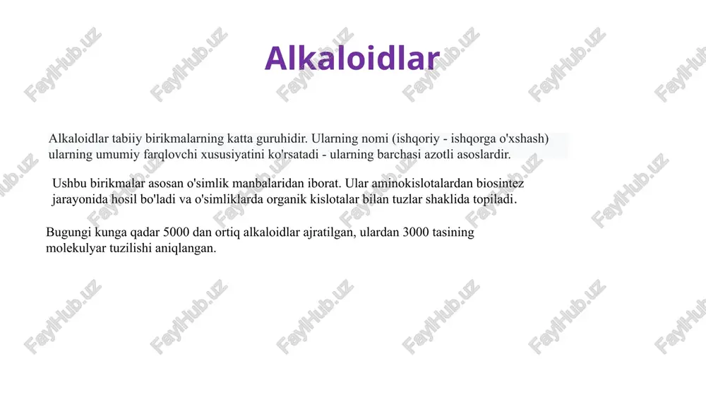 stirish qobiliyatiga ega va tibbiyotda yo'talni davolovchi vosita sifatida qo'llaniladi. morfinning yarim sintetik analogi, geroin (diatsetilmorfin) ko'proq bioavailability tufayli morfinga qaraganda ancha kuchli giyohvandlik ta'siriga ega. opiy alkaloidlarining ikkinchi guruhi izoxinolin hosilalaridir. ulardan eng muhimi papaverindir. papaverin birinchi marta ko'knoridan ajratilgan. hozirgi vaqtda u sintetik tarzda olinadi va antihipertenziv vosita sifatida tibbiyotda keng qo'llaniladi. papaverinning sintetik analogi - no-shpa - silliq mushaklarning spazmlarini samarali ravishda engillashtiradi va dori sifatida ishlatiladi. tropin hosilalariga atropin, belladonna (atropa belladonna) va tungi soyalar oilasining boshqa o'simliklarida (solanaceae) topilgan alkaloid kiradi. kokain koka butasi (erythroxylon coca) barglarida taxminan 1% miqdorida topiladi. kokain birinchi mahalliy og'riqsizlantiruvchi dorilardan biri edi. uning kamchiliklari - giyohvandlik ta'siri. kokainning sintetik analoglari - anestezin, novokain, dikain - giyohvandlik xususiyatlaridan mahrum va mahalliy anestezika sifatida tibbiy amaliyotda keng qo'llaniladi: purin alkaloidlari purin alkaloidlari o'simlik dunyosida keng tarqalgan, ularning manbalari choy, qahva, kakao. hozirgi vaqtda ularning barchasi sintetik usulda olinadi. ularning biologik faolligi …