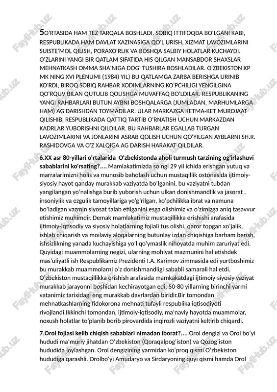 k holati 80-yillarning o'rtalarida ijtimoiy-siyosiy tanglikni yanada kuchaytirdi. bu moddiy boyliklarni taqsimlash jarayonida davlat monopoliyasi va boshqaruv tizimi hukmronligining kuchayishi natijasida ishlab chiqarish sur'atlari va mehnat unumdorligining pasayishiga, mehnatkashlarning o'z mehnatlari samaralaridan begonalashuviga olib keldi. boshqaruv tizimining o'ta markazlashtirilganligi, siyosiylashtirilganligi ijtimoiy adolat printsiplarining buzilishi va iqtisodiyotda jiddiy nuqsonlarga olib kelishi natijasida sarf-xarajatlari tobora oshib borgan, tufayli sovet bir qator islohotlar o'tkazishga majbur bo'ldi. partiya rahbarligi va ma'muriy buyruqbozlik tizimiga bo'ysundirilgan tizim doirasida iqtisodiyotning mafkura izmiga to'la bo'ysundirilishi sharoitida qilingan islohotlar kutilgan natijani bermadi. shu davrda ta'lim-tarbiya, ilmiy tadqiqot ishlarining miqdoriy ko'rsatkichlari qanchalik yuqori bored qaramligi sababli o'zlarining ish faoliyatida kompartiya mafkuraviy tazyiqidan chetga chiqa olmadilar. 80-yillarning birinchi boshqa yarmida, sohalarda bo'lganidek, o'zbekistonning ma'naviy hayotida ham inqirozga hos vaziyat vujudga keldi. xalqning milliy an'analari va madaniyatining qimmatli bebaho manbalaridan begonlashtirish ko'chaydi. madaniy inqilobning insonparvarlikka doir va umuminsoniy qadriyatlapni baholashga keskin partiyaviy va sinfiy nazarda turib yondashadigan komunistik g'oya millat madaniy rivojlanishiga …