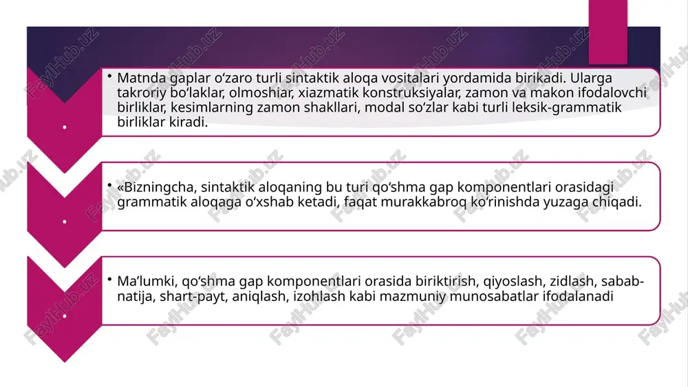dodsiz iste’dodlini yomon ko‘rsa, nima bo‘ladi? hech nima bo‘lmaydi! iste’dodli iste’dodsizni yomon ko‘rsa, nima bo‘ladi? hech nima bo‘lmaydi! iste’dodli iste’dodlini yomon ko‘rsa, nima bo‘ladi? - fojia bo‘ladi! (o‘.hoshimov) zamon va makon ifodalovchi birliklar zamon va makon ifodalovchi birliklar yordamida ham matnni shakllantirish va uning komponentlarini bog‘lash mumkin. badiiy asardagi voqea-hodisalar muayyan vaqt asosida ro‘yobga chiqadi. faqat badiiy asardagi vaqt tushunchasi real hayotdagi vaqt muntazamligidan farq qiladi. «vaqt ma’noli leksemalar matn qismlarini distant (masofasiz, bilvosita) va kontakt (masofaii, bevosita) bog‘lash uchun xizmat qiladi. ayrim temporal so‘zlar leksik-grammatik bog‘lovchi vazifasini bajarib, matndagi xronologik ketma-ketlik, izchillikni aks ettirib turadi» parsellyatli tuzilmalar yordamida birikish og‘zaki nutqda, matnda ba’zan muloqot talabiga ko‘ra yaxlit bir jumlada uzilish sodir bo‘ladi. so‘zlovchi tinglovchiga biror voqea-hodisa haqida xabar berayotganda mana shu xabar ichidagi eng muhim fikrni boshqalaridan ajratib, alohida ta’kidlab aytishga harakat qiladi. ma’lumki, ta’kid og‘zaki nutqda ohang, pauza, mantiqiy urg‘u kabi vositalar yordamida amalga oshirilsa, matnda parsellyatli tuzilmaiar …