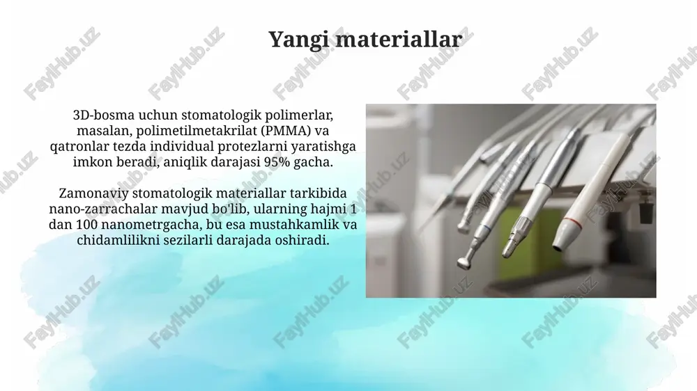 tidan bioqoplamani 99% gacha olib tashlashga yordam beradi. raqamli rentgenografiya sensor yordamida olingan raqamli tasvirlarni kompyuterda darhol ko'rish va qayta ishlash mumkin, bu esa tashxis qo'yish vaqtini sezilarli darajada qisqartiradi. raqamli rentgenografiya an'anaviy plyonkali rentgenografiyaga nisbatan 70-90% kamroq radiatsiya ta'sirini talab etadi, bu esa bemorlar uchun xavfsizlikni oshiradi. robototexnika jarrohlik stomatologiyasida robotlar implantatsiya jarayonida 0,1 mm aniqlikda suyakka implant o'rnatishga yordam beradi, bu muvaffaqiyat darajasini oshiradi. protezlashda robototexnika og'iz bo'shlig'ini skanerlash va 15 daqiqada 99,9% mos keladigan tojlar va ko'priklar yaratish uchun cad/cam tizimlarida qo'llaniladi. intraoral kameralar intraoral kameralar 720p dan 4k gacha bo'lgan yuqori aniqlikdagi tasvirlarni taqdim etadi, bu esa tish shifokorlariga og'iz bo'shlig'ining kichik nuqsonlarini aniqlashga yordam beradi. simsiz intraoral kameralar bemorning og'zida manevr qilish qulayligini oshiradi va shifokorlarga og'iz bo'shlig'ining turli burchaklarini osonlikcha tasvirlash imkonini beradi. e'tiboringiz uchun rahmat image3.jpg image4.jpg image5.jpg image6.jpg image7.jpg image8.jpg image9.jpg image10.jpg image11.jpg image12.jpg image13.jpg image14.jpg image1.png