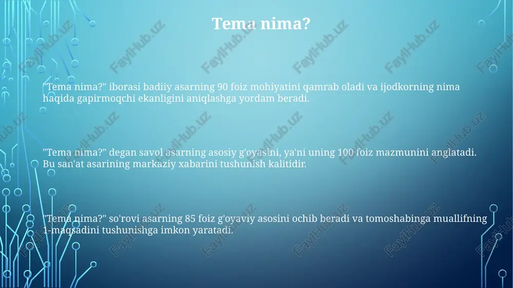 at asarida uchlik 'g'oya, mavzu, estetik ideal' orqali namoyon bo'ladi. g'oya 1-darajali ma'noni anglatib, 2-darajali mavzuni shakllantiradi va 3-darajali estetik idealni ifodalaydi. san'atda mavzu 1-g'oyani konkretlashtiradi, 2-harakatlantiruvchi kuch beradi, 3-visual yoki audio obrazlar orqali ifodalanadi va estetik idealga yo'naltiradi. asarning g'oyasi: kirish asarning g'oyasi 1-kompozitsiya, 2-ranglar palitrasi va 3-boshqa estetik vositalar orqali ifodalanadi, bu esa uning umumiy ta'sirini kuchaytiradi. asarning g'oyasi san'at asarining asosiy mazmunini ifodalaydi, uning 1-darajali maqsadi, muallifning 2-darajali niyatlarini ochib beradi va 3-darajali his-tuyg'ularni uyg'otadi. g'oya, 1-san'atning mavzusi bilan bog'liq holda, 2-san'atkorning shaxsiy tajribasini aks ettiradi va 3-tomoshabinning dunyoqarashiga ta'sir ko'rsatishga qaratilgan. san'atkorning niyati va uning ahamiyati niyat estetik ideallarni aks ettiradi, masalan, realizmda hayotni 100% aniq tasvirlash, romantizmda esa kuchli his-tuyg'ularni ifodalash. niyat asarning qanday qabul qilinishiga 30% ta'sir qiladi, lekin tomoshabinning shaxsiy tajribasi va madaniy konteksti 70% ahamiyatga ega. san'atkorning niyati 19-asrda ijodiy jarayonning muhim qismiga aylandi, asarning mazmunini ochishda 75% ahamiyatga ega bo'ldi. auditoriya …