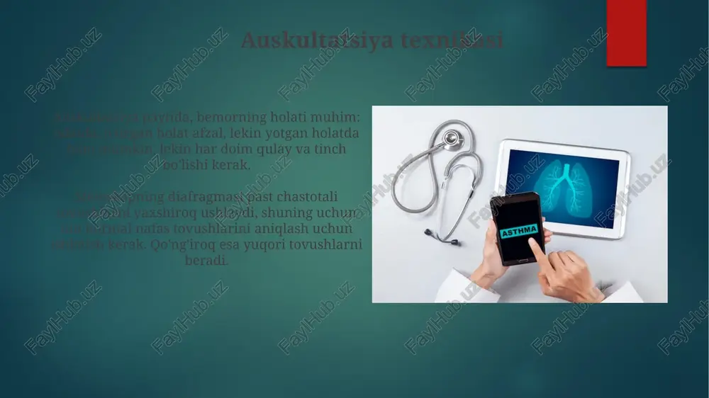 ko'rsatadi. xirillashlar, odatda, 400 hz dan yuqori bo'lgan chastotaga ega, qisqa, musiqiy, davomiy tovushlar bo'lib, ko'pincha bronxospazm tufayli havo o'tish yo'llarining torayishi natijasida yuzaga keladi. auskultasiya uchun tayyorgarlik auskultasiyaga tayyorgarlik ko'rishda bemorning qulay holati, xususan, o'tirgan yoki tik turgan holatda bo'lishini ta'minlash zarur, chunki bu nafas olish tovushlarini aniqlashga yordam beradi. bemorga chuqur nafas olish texnikasi haqida tushuntirish berish muhim. har bir nafas olish oralig'ida bir oz dam olish lozim, chunki bu o'pka tovushlarini aniq baholashga imkon beradi. o'pka auskultasi: xulosa asosiy qoidalar shovqinlarni minimallashtirish, bemordan og'zi ochiq holda chuqur nafas olishni so'rash va o'pkaning old, orqa va yon tomonlarini kamida oltita nuqtada auskultatsiya qilishdan iborat. texnika bemorni to'g'ri holatda joylashtirishni, diafragmani teriga mahkam bosib turishni va nafas olish sikllari davomida o'pka maydonlarini tizimli ravishda solishtirishni o'z ichiga oladi. vezikulyar nafas vezikulyar nafas - bu alveolalar havo bilan to'lganda hosil bo'ladigan past chastotali, shivirlovchi nafas tovushi bo'lib, inspiratsiyada eshitiladi, ekspiratsiyada …