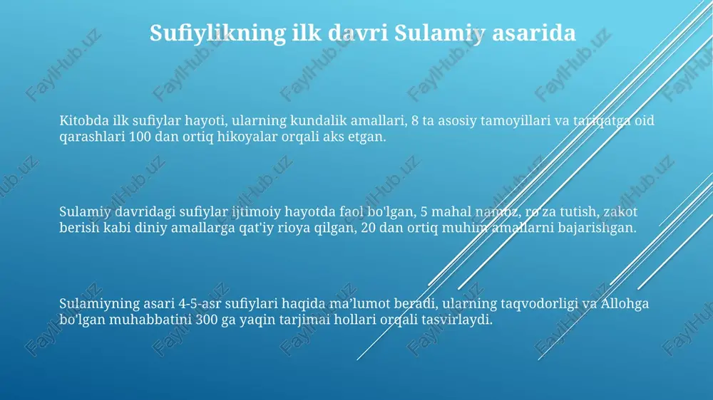 ikr etilgan sufiylarning axloqiy fazilatlari sabr-toqat sufiylar uchun 3-chi muhim fazilat hisoblanadi. ular 4 turdagi sinovlarga bardosh berishgan: qiyinchiliklarga, musibatlarga, zulmga va allohning taqdiriga rozi bo'lishga. kamtarinlik, sufiylarning 2-chi asosiy xususiyati edi. ular 3 narsadan: mansabdorlikdan, boylikdan va shuhratdan qochib, o'zini hech kimdan ustun qo'ymaslikka intilishgan. saxovatpeshalik, sufiylarning 1 ta muhim axloqi bo'lib, ular mol-mulkni alloh yo'lida berishni afzal ko'rishgan, bu esa 2 xil dunyoviy bog'liqlikdan xalos bo'lishga yordam bergan. "tabaqot as-sufiyya" da muhabbat (ishq) tushunchasi "tabaqot"da muhabbat, 70 dan ortiq sufiylarning hayoti orqali, insoniy zaifliklardan ilohiy birlikka yetishish yo'li sifatida tasvirlanadi, bu ularning axloqiy kamolotini ko'rsatadi. sulami muhabbatni 3 asosiy bosqichda ko'radi: birinchisi – tashqi ko'rinishga mehr, ikkinchisi – ma'naviy go'zallikka oshiq bo'lish, uchinchisi esa – haqqa bo'lgan ilohiy ishq. sulami, ishqni 10 ta turga ajratadi, masalan, "uns" (do'stlik) va "haybat" (qo'rquv), ularning har biri sufiylarning allohga bo'lgan munosabatini aks ettiruvchi ruhiy holatdir. abu abdurahmon sulamiy va uning "tabaqot …