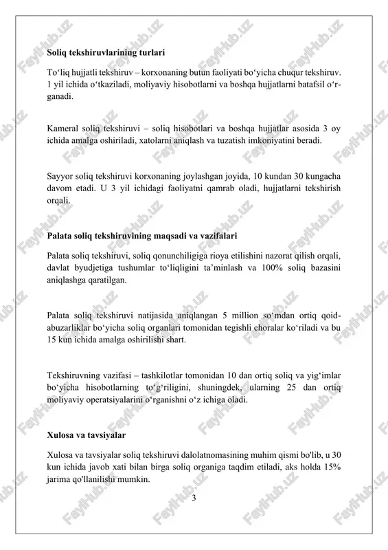 an yangi qonunchilik va tekshiruv usullarini o'rgatish, muhim ahamiyatga ega. soliq xatarlarini baholashning zamonaviy usullarini joriy etish, 112-sonli qarorga muvofiq, tekshiruvlarni maqsadli yo'naltirish va samaradorlikni oshirishga yordam beradi. aniqlangan qoidabuzarliklar va ularning oqibatlari kassa intizomining buzilishi, masalan, naqd pul limitidan oshib ketish 15 barobar minimal ish haqi miqdorida jarimaga olib kelishi mumkin. soliq hisobotlarini notoʻgʻri taqdim etish yoki taqdim etmaslik 10 barobar minimal ish haqi miqdorida jarimaga tortilishi mumkin. buxgalteriya hisobining buzilishi soliq bazasini kamaytirishga olib kelishi mumkin, bu esa 20%gacha jarimaga va qoʻshimcha soliqlar toʻlashga sabab boʻladi. soliq tekshiruvlari bo'yicha sud amaliyoti soliq organlarining 73-moddasiga asosan qo'shimcha hisoblangan soliqlar yuzasidan sud amaliyoti, agar soliq to'lovchi dalillar bilan soliq organining xulosalarini rad eta olsa, soliqlar bekor qilinishini ko'rsatadi. sudlar ko'pincha 207-modda bo'yicha soliq tekshiruvlari natijalarini baholashda moddiy faktlarni aniqlashga e'tibor qaratadi, bunda bitimning haqiqiyligi va iqtisodiy mazmuni tekshiriladi. soliq tekshiruvlari bo'yicha sud amaliyotida ko'p uchraydigan holat, 106-modda bo'yicha jarima qo'llanilishi, …