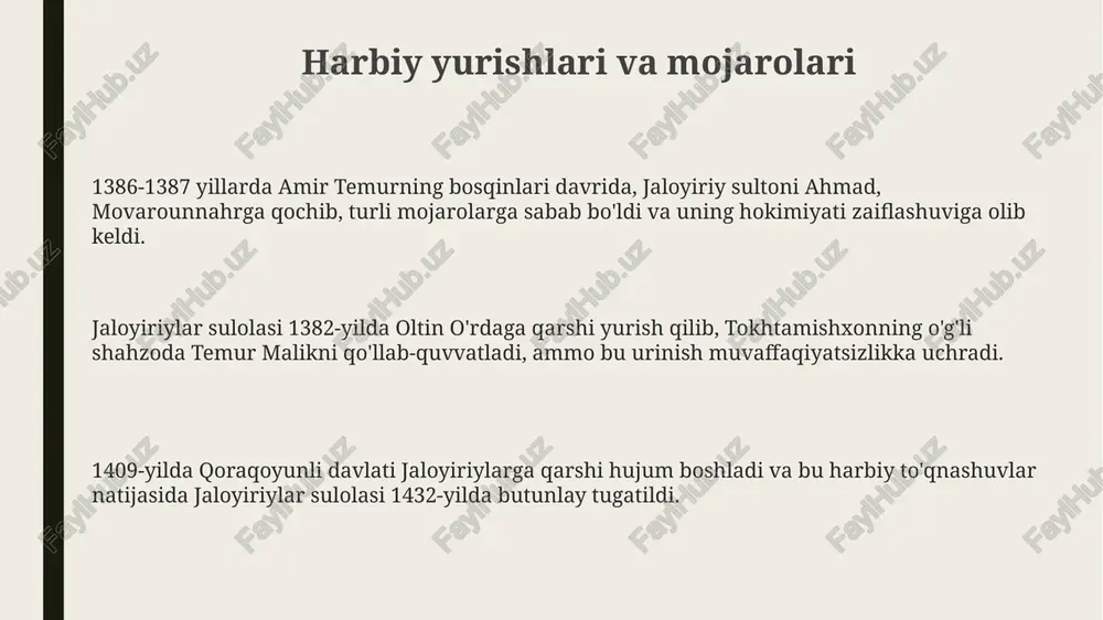 gan edi. jaloiriylar hokimiyat tepasiga kelishi, oltin o'rda va temuriylar kabi qo'shni davlatlar bilan doimiy kurashlar sharoitida o'tgan, bu esa sultonlikning barqarorligiga ta'sir ko'rsatgan. tanazzulga uchrashi va qulashi oltin oʻrda xoni toʻxtamishning 1386-1388-yillardagi hujumlari jaloyiriylar davlatini larzaga keltirib, siyosiy beqarorlikni chuqurlashtirdi va iqtisodiy resurslarni yoʻq qildi. 1382-yilda husayn jaloyirning oʻldirilishi hokimiyat uchun kurashni kuchaytirdi, natijada markaziy hokimiyat zaiflashdi va hududiy amirlarning mustaqilligi ortdi. temurning 1393-1405-yillardagi bosqinlari jaloyiriylar imperiyasining qulashiga olib keldi, poytaxt bagʻdod egallandi va hukmron sulola oʻz hukmronligini butunlay yoʻqotdi. tarixiy kelib chiqishi va shakllanishi sultonlikning shakllanishida jaloyir qabilasining harbiy qudrati muhim rol oʻynagan; ular oʻrta osiyo va eron hududlarida siyosiy hokimiyatni qoʻlga kiritishda faol ishtirok etgan. jaloyirlar chingizxonning oʻgʻli chigʻatoyga xizmat qilgan va ularning kelib chiqishi xiii asrning boshlariga, aynan moʻgʻul imperiyasining shakllanish davriga borib taqaladi. jaloyir sultondauldati hulokuiylar davlatining zaiflashuvi natijasida xiv asr oʻrtalarida shayx hasan buzurg tomonidan tashkil etilgan, bu 1330-yillarga toʻgʻri keladi. e'tiboringiz uchun rahmat