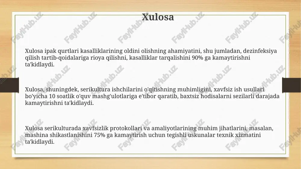 dan oshmasligini nazorat qilish lozim. tut ipak qurti kasalliklariga qarshi ishlatiladigan dezinfektsiyalovchi vositalar bilan ishlaganda, xavfsizlik qoidalariga qat'iy rioya qilish, teriga tegsa, darhol suv bilan yuvish va 10% li eritmadan foydalanish kerak. ish joyidagi xavfsizlikni ta'minlash uchun, birinchi navbatda, 220v kuchlanishli elektr jihozlaridan foydalanishda ehtiyot bo'lish, simlarning izolyatsiyasi yaxshi holatda ekanligini tekshirish zarur. kimyoviy moddalar bilan ishlash xavfsizligi kimyoviy moddalar bilan ishlaganda, shaxsiy himoya vositalari (shhv), masalan, respiratorlar va qo'lqoplar kiyish shart. har bir modda uchun tavsiya etilgan shhv turlari xavfsizlik ma'lumot varaqasida (sds) ko'rsatilgan. agar kimyoviy moddalar teriga yoki ko'zga tushsa, darhol kamida 15 daqiqa davomida suv bilan yuvish kerak. so'ngra, zudlik bilan tibbiy yordamga murojaat qiling va sdsni ko'rsating. kimyoviy moddalarni saqlash joylari yaxshi shamollatilishi kerak, optimal harorat +15 dan +25 °c gacha bo'lishi kerak. zich yopilgan idishlarda va to'g'ridan-to'g'ri quyosh nurlaridan himoyalangan bo'lishi kerak. serikulturaning asosiy xavflari ipak qurti yashaydigan xonalarda yuqori namlik tufayli zamburug'li kasalliklar tarqalishi …