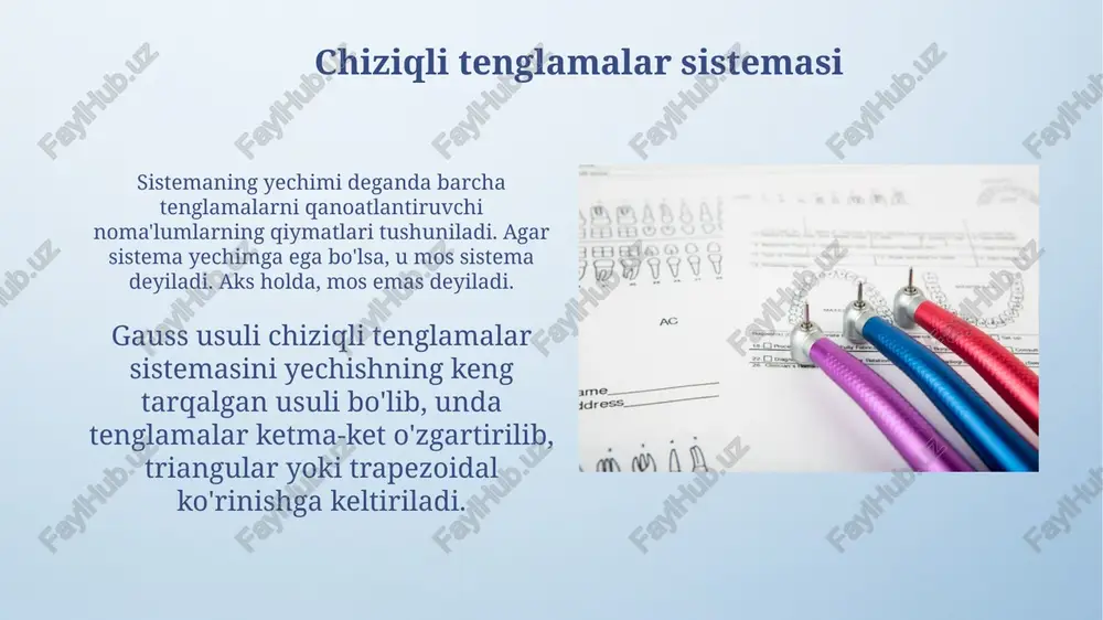 ki d^k diagonal matritsa bo'ladi) va differensial tenglamalarni yechishda qo'llaniladi. diagonalizatsiya n x n o'lchamli a matritsani d diagonal matritsaga aylantirish jarayonidir, bunda p kabi o'zgartiruvchi matritsa mavjud bo'lib, p^(-1)ap = d tenglik o'rinli bo'ladi. logik xulosalar chiqarish birinchi tartibli mantiqda xulosalar chiqarish kvantorlar (masalan, barcha x uchun p(x) yoki ba'zi x uchun p(x)) bilan murakkablashadi va 3 qadamda isbotlanishi mumkin. xulosalar chiqarish qoidalariga modus ponens (agar p bo'lsa, q; p demak q) va modus tollens (agar p bo'lsa, q; q emas demak p emas) misol bo'la oladi. predikatlar kalkulyatsiyasi u birinchi tartibli mantiqning asosiy qismi bo'lib, matematik tasdiqlarni modellashtirish, kompyuter ilmini rivojlantirish va sun'iy intellekt tizimlarida bilimni ifodalash uchun ishlatiladi, bunda munosabatlar va xususiyatlar aniqlanadi. predikatlar kalkulyatsiyasi mantiqiy mulohazalarni ifodalash uchun predikatlar, o'zgaruvchilar, kvantorlar (∀, ∃) va mantiqiy bog'lovchilardan (∧, ∨, ¬) foydalanadi, masalan, "∀x p(x)" "barcha x uchun p rost" deganidir. determinantlar va xossalari matritsaning determinantini satr yoki …
