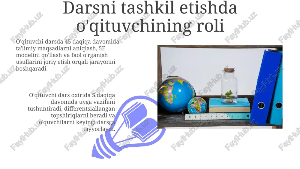 ing asosiy shakllari o'quv mashg'ulotlari, masalan, darslar, seminarlar va laboratoriya ishlari, ta'lim tashkilotining asosiy shakllaridan biri bo'lib, ularning har biri o'ziga xos 45-90 daqiqalik vaqtga ega. maktabdan tashqari ta'lim shakllari, jumladan, to'garaklar, sport seksiyalari va sayohatlar o'quvchilarning qiziqishlariga moslashtirilgan bo'lib, haftasiga 2-3 marta o'tkaziladi. dars - ta'limni tashkil etishning asosiy shakli sifatida 01 02 dars – ta’lim jarayonining markaziy shakli bo’lib, o’qituvchi rahbarligida 40-45 daqiqa davom etadigan, maqsadli bilim berishga yo'naltirilgan tashkiliy birlikdir. sales 1st qtr 2nd qtr 100 0 sales 1st qtr 2nd qtr 100 0 ta'lim tashkilotining turlari va shakllari o'quv jarayonini tashkil etishda 5 asosiy shakl ajratiladi: dars, seminar, amaliy mashg'ulot, laboratoriya ishi va mustaqil ta'lim. darslar 45 daqiqadan iborat standart vaqtga ega. ta'lim tashkilotlarining 3 asosiy turi mavjud: davlat, nodavlat va aralash. ularning faoliyati o'zbekiston respublikasi qonunchiligi hamda litsenziya talablari asosida tartibga solinadi. darsning tuzilishi (strukturasi) darsning tarkibiy elementlari 5 bosqichdan iborat bo'lishi mumkin: uy vazifasini …