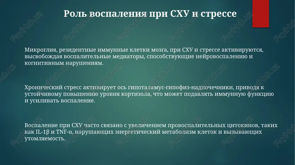 lyudey s sxu, uxudshaya vospriyatie simptomov i povishaya trevojnost. podavlenie emotsiy i izbegayushee povedenie u patsientov s sxu korreliruyut s bolee visokoy intensivnostyu simptomov ustalosti, vliyaya na kachestvo jizni v 55% sluchaev. svyaz mejdu stressom i sxu stress vliyaet na avtonomnuyu nervnuyu sistemu, povishaya simpaticheskuyu aktivnost, chto narushaet son i usilivaet disfunktsiyu mitoxondriy, sposobstvuya razvitiyu sxu v 30-50% issleduemix sluchaev. dlitelniy stress podavlyaet os gipotalamus-gipofiz-nadpochechniki, snijaya virabotku kortizola, chto privodit k narusheniyu energeticheskogo metabolizma pri sxu, nablyudaemomu u 60-80% patsientov. vospalenie, vizvannoe stressom, aktiviruet immunnie kletki, takie kak tsitokini, vklyuchaya interleykin-6 (il-6), chto mojet usugubit simptomi ustalosti i boli, tipichnie dlya sxu primerno v 45% sluchaev. kompleksniy podxod k lecheniyu sxu kompleksniy podxod vklyuchaet kognitivno-povedencheskuyu terapiyu (kpt) i postepennuyu fizicheskuyu nagruzku, napravlennie na izmenenie mishleniya i adaptatsiyu k fizicheskoy aktivnosti, snijaya simptomi. vajnoy chastyu kompleksnogo lecheniya yavlyaetsya dieta i priem dobavok, takix kak vitamin b12 i magniy, dlya optimizatsii metabolizma …