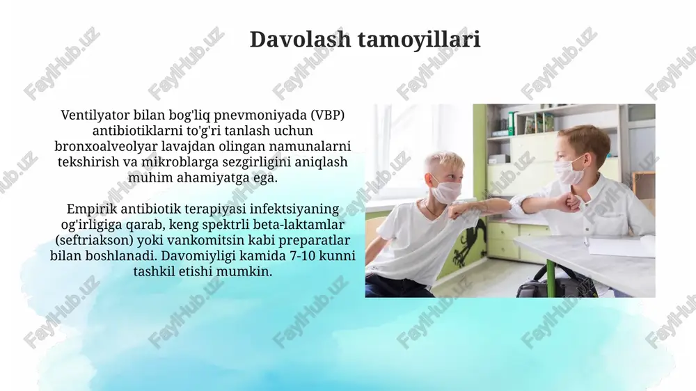 shi mumkin, ammo tb ko'pincha surunkali kechadi, tunda terlash, vazn yo'qotish va mantu testi musbat bo'ladi. bronxiolitda nafas qisilishi va xirillashlar kuzatiladi, ammo oapdan farqli ravishda, bronxiolit ko'pincha 2 yoshgacha bo'lgan bolalarda uchraydi va virusli etiologiyaga ega. antibiotik terapiyasi antibiotiklar kursi bolalar shifoxonalarida pnevmoniyani davolashda kamida 7-10 kun davom etishi kerak, ammo klinik yaxshilanish kuzatilsa, ayniqsa, mikroblarga qarshi kurash keng spektrli bo'lsa, davomiyligi qisqartirilishi mumkin. og'ir kasalliklarda, vankomitsin kabi glikopeptid yoki linezolid metitsillinga chidamli staphylococcus aureus (mrsa) ni qamrab olish uchun empirik rejimga qo'shilishi mumkin, ayniqsa, mrsa tarqalganlik darajasi 10% dan yuqori bo'lganda. asoratlar bakteremiya, qonga bakteriyalarning kirishi, hap bilan og'rigan bolalarda xavfli asoratdir, sepsisga olib kelishi mumkin, bu esa o'lim xavfini oshiradi va shoshilinch davolanishni talab qiladi. nafas olish yetishmovchiligi, qonda kislorod miqdori 90% dan past bo'lishi, hap bilan kasallangan bolalarda tez-tez uchraydigan asorat bo'lib, qo'shimcha kislorod va, ehtimol, mexanik ventilyatsiyani talab qiladi. ventilyatsiya yordami invaziv bo'lmagan ventilyatsiya, masalan, …