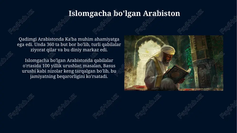 iga ta'sir ko'rsatdi. islomning tarqalishi va ilk xalifaliklar to'rtinchi xalifa ali ibn abu tolibning o'ldirilishi (661) sunniylar va shialar o'rtasida bo'linishga olib keldi, bu islom olamiga uzoq muddatli ta'sir ko'rsatdi. umaviylar xalifaligi (661-750) davrida islom imperiyasi ispaniyadan hindistongacha kengaydi, bu madaniy va ilmiy yuksalish davri edi. e'tiboringiz uchun rahmat image6.jpg image7.jpg image8.jpg image9.jpg image10.jpg image11.jpg image12.jpg image13.jpg image14.jpg image15.jpg image16.jpg image17.jpg image4.jpeg