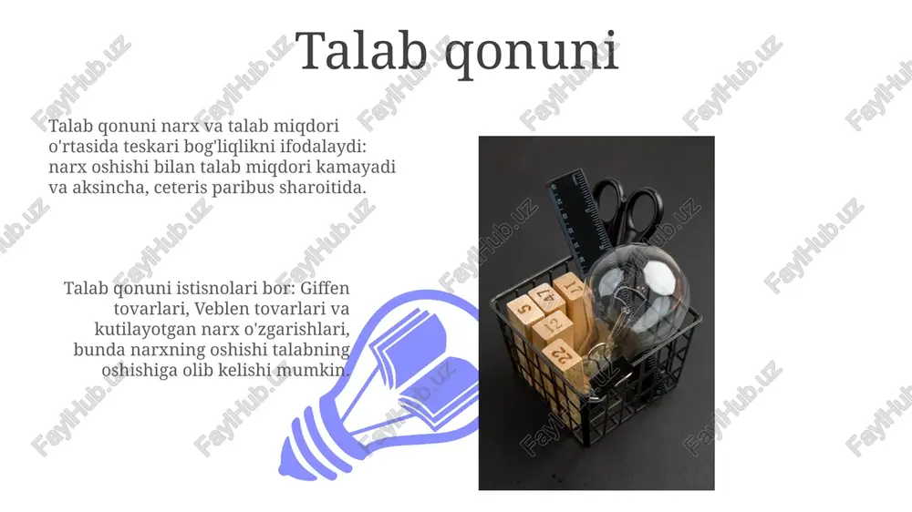 talab inversdir. agar koeffitsientning absolyut qiymati 1 ga teng bo'lsa, birlik elastikligi, 1 dan kichik bo'lsa, noelastik talab mavjudligini anglatadi. daromad va talab lyuks tovarlar yuqori daromad elastikligiga ega (1 dan yuqori), ya'ni daromadning kichik o'zgarishi talabda sezilarli o'zgarishlarga olib keladi. daromadning talabga ta'siri daromad elastikligi orqali o'lchanadi, bu esa daromad 1% ga o'zgarganda talab miqdori necha foizga o'zgarishini ko'rsatadi. iste'molchilar ortiqchaligi 01 02 iste'molchilar ortiqchaligi egri chizig'i talab egri chizig'i ostidagi va bozor narxidan yuqoridagi maydon bilan o'lchanadi, bu iste'molchilarning umumiy foydasini ko'rsatadi. sales 1st qtr 2nd qtr 100 0 sales 1st qtr 2nd qtr 100 0 kesishgan talab elastikligi agar kesishgan talab elastikligi 0,5 bo'lsa, a mahsulot narxi 10% ga oshganda, b mahsulotga bo'lgan talab 5% ga oshishini anglatadi, bu ularning o'rnini bosuvchi ekanligini ko'rsatadi. kesishgan talab elastikligi bir mahsulot narxining o'zgarishi boshqa mahsulotga bo'lgan talabga qanday ta'sir qilishini o'lchaydi, natija musbat (o'rnini bosuvchi) yoki manfiy (to'ldiruvchi) bo'lishi …