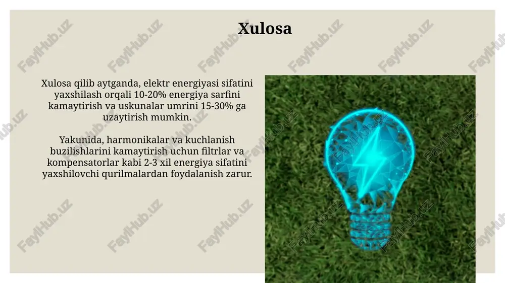 sligiga olib keladi. dasturiy ta'minotdagi xatolar, masalan, fayl tizimining buzilishi, ma'lumotlarning butunlay yo'qolishiga yoki faqatgina 25% ma'lumotlarning qayta tiklanishi mumkin bo'lgan darajada shikastlanishiga olib kelishi mumkin. tranzientlar tranzientlar elektr jihozlariga ta'sir qilishi mumkin, ularni ishdan chiqarishi yoki ishlash muddatini qisqartirishi mumkin; masalan, yarimo'tkazgichli qurilmalar 120% kuchlanishda tezda buzilishi mumkin. tranzient kuchlanishlarning asosiy sabablari orasida chaqmoq urishi, elektr motorlarini yoqish/o'chirish, kondensator batareyalarini yoqish va uzish hamda elektr tarmog'idagi nosozliklar kiradi. energiya sifatini yaxshilash usullari energiya sifatini yaxshilash uchun reaktiv quvvatni kompensatsiya qilish muhim. 0.95 quvvat koeffitsientiga erishish uchun kondensator batareyalarini o'rnatish ortiqcha yuklanishni kamaytiradi. avtomatik kuchlanish regulyatorlari (avr) kuchlanishning tebranishini kamaytiradi. ±1% kuchlanish barqarorligiga erishish uchun avrlarni transformatorlarga o'rnatish uskunaning ishonchliligini oshiradi. muvozanatlanmagan yuklar transformatorlar va generatorlarda muvozanatlanmagan yuklar qo'shimcha yo'qotishlarga olib keladi, bu esa ularning samaradorligini pasaytiradi va haddan tashqari qizib ketish xavfini oshiradi, xizmat muddatini qisqartiradi. muvozanatlanmagan yuk 10% dan oshsa, motorlar va boshqa sezgir uskunalar ish faoliyatiga salbiy …