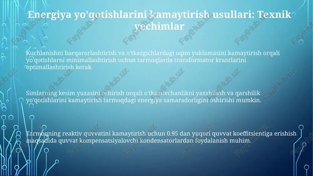 samarali ishlamaydi, natijada yuqori energiya yo'qotishlari kuzatiladi; muntazam texnik xizmat va modernizatsiya muhim. tarmoqlar va transformatorlarda yukning nomutanosibligi kuchlanish pasayishiga olib keladi, bu esa energiya yo'qotilishiga sabab bo'ladi; yuklarni muvozanatlash orqali oldini olish mumkin. hisoblagichlarni o'g'irlash, to'lovlarni kechiktirish va noto'g'ri hisoblashlar tijorat yo'qotishlariga olib keladi; buning oldini olish uchun qat'iy nazorat va zamonaviy hisob tizimlari zarur. tarqatish tarmoqlaridagi yo'qotishlar texnik yo'qotishlar transformatorlar va kabellarning qarshiligi tufayli yuzaga keladi, yuklama o'zgarishi tufayli ortadi, ulush esa 10-13% ga yetishi mumkin. kommersiya yo'qotishlari noqonuniy ulanishlar, hisoblagichlarning noto'g'ri ishlashi va o'g'irlik tufayli yuzaga keladi, ularning ulushi umumiy yo'qotishlarning 2-3% tashkil qilishi mumkin. tarqatish tarmoqlaridagi yo'qotishlar aktiv (issiqlik) va reaktiv quvvat yo'qotishlariga bo'linadi, bu esa elektr uzatish samaradorligini pasaytiradi va 3-5% gacha yetishi mumkin. elektr energiyasini o'g'irlash elektr o'g'irligi kuchlanishning pasayishiga olib kelishi mumkin, bu esa iste'molchilarning elektron qurilmalariga zarar yetkazadi va tarmoqdagi 70-80% dan ortiq nosozliklarga sabab bo'ladi. noqonuniy ulanishlar, hisoblagichlarni manipulyatsiya qilish va …