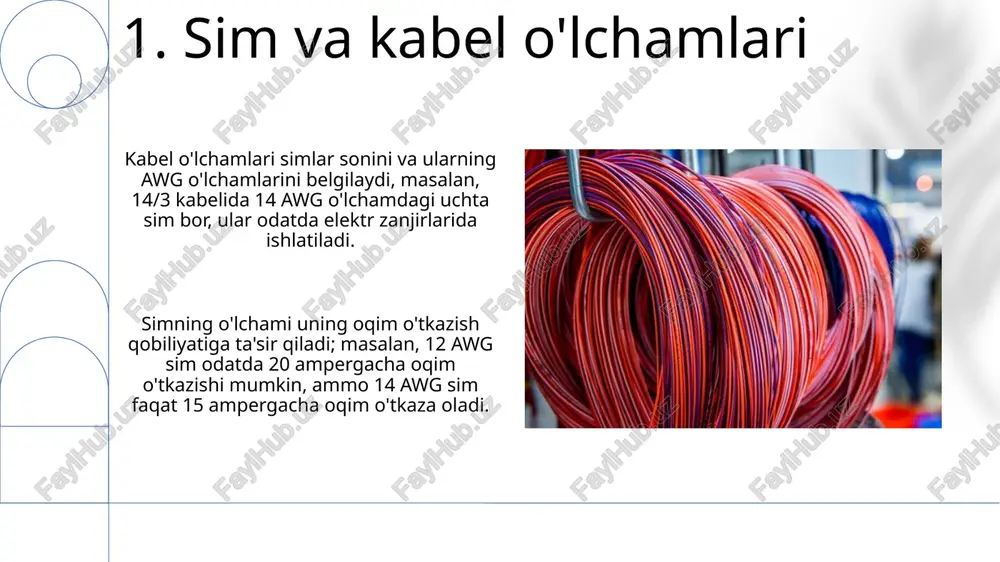 iallariga ega, masalan, past kuchlanish uchun pvx yoki yuqori kuchlanish uchun o'zaro bog'langan polietilen (xlpe) kabellari. kabelning o'tkazgich materiallari mis, alyuminiy yoki mis qotishmalari bo'lishi mumkin. mis kabellarining o'tkazuvchanligi alyuminiy kabellardan yuqori, lekin alyuminiy kabellari og'irligi kamroq. 11.izolyatsiya materiallari izolyatsiya materiallarining dielektrik o'tkazuvchanligi, odatda 2 dan 8 gacha bo'lgan qiymatlarda, elektr maydonida qutblanish qobiliyatini aks ettirib, energiya saqlash qobiliyatiga ta'sir qiladi. polimerlarning issiqlik o'tkazuvchanligi, mis bilan solishtirganda 0,2 dan 0,5 vt/mk gacha bo'lgan past ko'rsatkichga ega, yuqori haroratli ish muhitida kabelning ishlash muddatiga ta'sir qiladi. 12.xulosa kabellarning mustahkamligi va chidamliligi material tanlashda muhim, mis kabellar korroziyaga chidamli bo'lishi kerak, alyuminiy esa 270 mpa kuchlanishga bardosh berishi lozim. elektr kabellarini tanlashda kuchlanish darajasi (masalan, 600v, 1kv, 15kv) va o'tkazuvchanlik ko'rsatkichlari, ya'ni 10 awg, 12 awg standartlariga mosligi muhim ahamiyatga ega. 13.boshqa o'tkazgich materiallari uglerod nanotubkalari ajoyib o'tkazuvchanlikka ega va misdan ancha engil, lekin ularni ommaviy ishlab chiqarish narxi 1000 aqsh dollaridan …