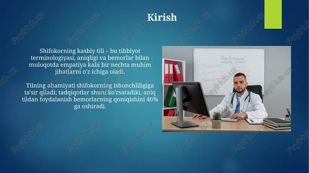 didan foydalanish, bemorning tibbiy holati, ijtimoiy ahvoli va psixologik omillarini toʻliq baholashni nazarda tutadi. empatiya ko'rsatish, bemorning og'rig'ini tushunish va uni tasdiqlash, bemor bilan ishonchli munosabatlarni o'rnatishda 80% dan ortiq ta'sir ko'rsatadi. og'zaki hisobotlar va taqdimotlar og'zaki hisobotda aniqlik muhim: bemorning asosiy shikoyatlarini, 3-4 ta muhim klinik belgilarini va differentsial tashxislarni qisqa bayon eting. taqdimotda vizual materiallardan (rentgen, ekg) foydalaning; har bir slaydda 5-6 ta asosiy fikrni yoritib, ortiqcha ma'lumotdan qoching. e'tiboringiz uchun rahmat image7.jpg image8.jpg image9.jpg image10.jpg image11.jpg image12.jpg image13.jpg image14.jpg image15.jpg image16.jpg image17.jpg image18.jpg image1.png image2.png image3.png image4.png