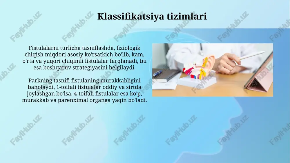 (ichakdan teriga) fistulalar. har bir tur diagnostika va davolash strategiyalariga turlicha ta'sir qiladi. anamnez va fizik tekshiruv fistuladan ajralayotgan suyuqlikning hajmi va xarakteri (masalan, safro, najas) kuniga 500 ml dan ortiq bo'lsa, joylashuv va patogen mikroorganizmlar haqida ma'lumot beradi. fizik tekshiruvda qorin bo'shlig'idagi har qanday jarohat yoki chandiqlar, shuningdek, qizarish, shishish kabi yallig'lanish belgilari 5-15% hollarda fistulaga ishora qilishi mumkin. konservativ davolash dori-darmonlar: somatostatin analoglari (okreotid, lanreotid) fistuladan ajraladigan suyuqlik miqdorini kamaytiradi, odatda kuniga 100-300 mkg dozada qo'llaniladi. oziqlantirish enteral yo'l orqali, imkon bo'lsa, kichik ichak fistulalarida, kuniga 2000-2500 kkal energiya va 80-100 g protein bilan amalga oshiriladi. ichak fistulalarining ta'rifi va turlari ichak fistulasi - bu ichakning ikki qismi, ichak va teri yoki ichak va boshqa a'zo o'rtasida patologik aloqaning hosil bo'lishi, natijada tarkib chiqib ketadi. ichak fistulalari kelib chiqishiga ko'ra jarrohlikdan keyingi (anastomoz yetishmovchiligi tufayli) va spontan (yallig'lanish kasalliklari, onkologiya) kabi turlarga bo'linadi, etiologiyasi muhim diagnostika uchun. endoskopik …