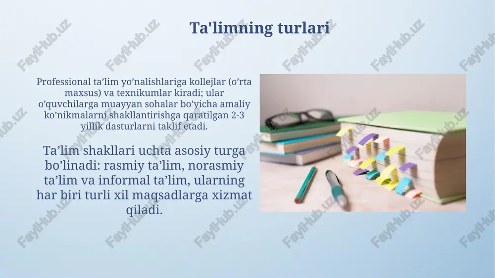 ar. ushbu ta’lim turi 10 dan ortiq turli xil o’quv dasturlarini qamrab oladi, masalan, kompyuter savodxonligi, hunarmandchilik va tillarni o'rganish kabi amaliy ko'nikmalarni oshirishga yordam beradi. masofaviy ta'lim masofaviy ta'limda asinxron usullar keng qo'llaniladi, bu talabalarga materiallarga 24/7 kirish va vazifalarni o'z vaqtida topshirish imkonini beradi. onlayn kurslar va virtual laboratoriyalar kabi masofaviy ta'lim vositalari talabalarga amaliy ko'nikmalarni o'rgatish uchun 80% gacha samarali bo'lishi mumkin. e'tiboringiz uchun rahmat image4.png image6.jpg image7.jpg image8.jpg image9.jpg image10.jpg image11.jpg image12.jpg image13.jpg image14.jpg image15.jpg image16.jpg image17.jpg image3.jpeg