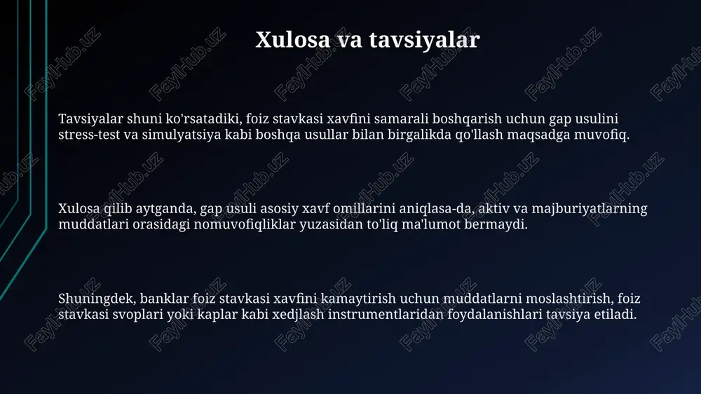 atlarning qayta baholash vaqtini hisobga oladi, lekin aktivlar va majburiyatlarning aniq hajmini belgilashda qiyinchiliklar bo'lishi mumkin. foiz stavkasi o'zgarishi barcha aktiv va majburiyatlarga bir xil ta'sir qilmaydi, lekin gap usuli parallel siljish taxminini qabul qilib, xatarlarni noto'g'ri baholashi mumkin. gap usuli bankning balansdagi pozitsiyasini ko'rsatadi, lekin balansdan tashqari operatsiyalar, masalan, foiz stavkasi svoplari, xavfni boshqarishda e'tiborga olinmaydi. e'tiboringiz uchun rahmat