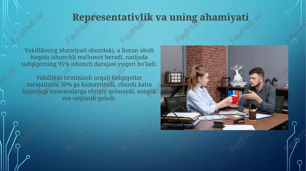 taxminan shu nisbatni (30% ± kichik farq) aks ettiradi, bu esa tadqiqot natijalarining ishonchliligini ta'minlaydi. tasodifiy tanlash usullari stratifikatsiyalangan tasodifiy tanlashda aholi kichik guruhlarga bo'linadi, so'ngra har bir guruhdan vakillikni ta'minlash uchun proportsional ravishda tanlanadi. misol uchun, 5 talik guruh tuzish. oddiy tasodifiy tanlashda har bir a'zoning tanlanish imkoniyati teng, masalan, 100 kishilik guruhdan 10 kishini raqam generatori yordamida tanlash bu usulga misol bo'la oladi. sifat nazoratida o'rtacha namuna o'rtacha namuna sifat nazoratida jarayonning barqarorligini monitoring qilish uchun muhimdir. o'zgarishlar 1 sigma, 2 sigma yoki 3 sigma darajasida aniqlanishi mumkin. sifat nazoratida o'rtacha namuna 3-5 birlikdan iborat bo'lib, mahsulot sifatini baholash uchun ishlatiladi hamda xatoliklar hajmini minimallashtirishga yordam beradi. kattaroq ma'lumotlar to'plamiga tatbiq etish agar namunadagi o'rtacha ko'rsatkich umumiy to'plamning 10% dan kamroq qismini tashkil qilsa, unda natijalar to'plamning katta qismiga ishonchli tarzda tatbiq etilishi mumkin. kattaroq ma'lumotlar to'plamiga tatbiq etishda, o'rtacha namunani tekshirish orqali olingan tendensiyalarni 95% ishonch intervali …