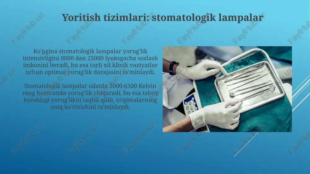 i. xulosa kelajakdagi tadqiqotlar uchun yo'nalishlar ko'rsatiladi, masalan, yangi materiallar va raqamli texnologiyalarni (cad/cam) stomatologik amaliyotda qo'llash imkoniyatlari baholanadi. xulosa qismida taqdimotning asosiy nuqtalari va xulosalari qayta ko'rib chiqiladi, muhim terminlar, masalan, "kompressor" va "turbina"ning ahamiyati yana bir bor ta'kidlanadi. diagnostika uskunalari intraoral kameralar 640x480 pikseldan yuqori sifatli tasvirlarni oladi va tish yuzasidagi kichik yoriqlar, plombalarning holatini erta aniqlashga yordam beradi. diagnostika lazerlari 405-980 nm toʻlqin uzunligida kariesni aniqlash, periodont kasalliklarini baholash va ogʻiz shilliq qavatidagi oʻzgarishlarni aniqlash uchun ishlatiladi. rentgen apparatlari: turlari va ishlash asoslari zamonaviy raqamli rentgen apparatlari an'anaviy plyonkali rentgenlarga nisbatan kamroq radiatsiya bilan ta'minlaydi va tasvirlarni tezda olish imkonini beradi. sensorlar rentgen nurlarini qabul qilib, ularni kompyuterda ko'rish mumkin bo'lgan raqamli tasvirga aylantiradi. rentgen apparatining ishlash asosi rentgen nurlarini hosil qilish va ularni tishlar va suyaklar orqali o'tkazishdan iborat. rentgen nurlari turli zichlikdagi to'qimalar tomonidan turlicha yutiladi va tasvir hosil qiladi. stomatologik o'rindiq: qismlari va funksiyalari …