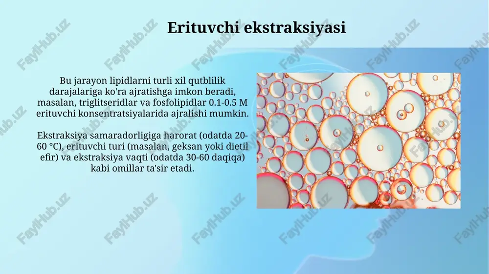 shakli bo'lib xizmat qiladi va izolyatsiya vazifasini bajaradi. lipidlarni tashkil etuvchi qismlarga ajratish xromatografiya usullari, masalan, ingichka qatlamli xromatografiya (tlc), lipid aralashmalarini qutblilik darajasiga ko'ra fraksiyalash va har bir komponentni aniqlash uchun qo'llaniladi. fosfolipidlarni fosfolipaza fermentlari yordamida ajratish mumkin, ular lipid molekulasining ma'lum joylarida gidroliz orqali fosfat guruhini yoki yog 'kislotalarini ajratib chiqaradi. gidroliz: lipid bog'larini buzish lipid bog'larini gidrolizlash, suv molekulalaridan foydalanib, murakkab lipidlarni oddiyroq qismlarga, masalan, yog 'kislotalari va glitseringa ajratish jarayonidir. gidroliz odatda yuqori harorat va katalizatorlar (kislota yoki ishqor) ishtirokida amalga oshiriladi, bu esa reaksiyaning tezligini oshiradi va optimal natijalarni ta'minlaydi. yupqa qatlamli xromatografiya (tlc) yupqa qatlamli xromatografiya (tlc) - aralashmalarni ajratish uchun ishlatiladigan oddiy va tez usul boʻlib, qattiq faza (koʻpincha silikagel) ustiga yupqa suyuqlik fazasini oʻtkazishga asoslangan. tlcda rf qiymati (retardation factor) moddaning harakatchanligi koʻrsatkichidir. u moddaning bosib oʻtgan masofasining erituvchi bosib oʻtgan masofasiga nisbati sifatida hisoblanadi va 0 dan 1 gacha qiymatlarni qabul …