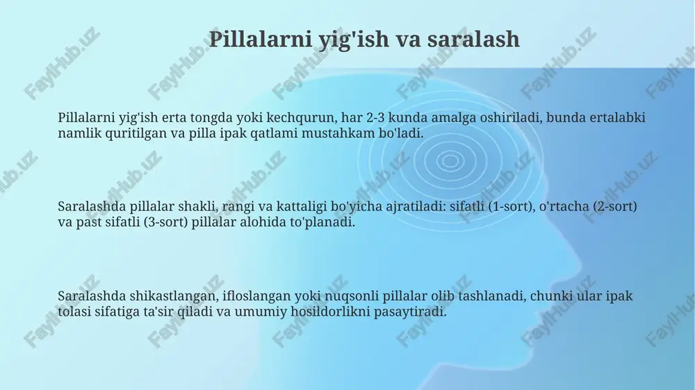 yaxshilashda duragaylash usuli qo'llaniladi. turli xil naslli ipak qurtlari chatishtiriladi. bu, ularning mahsuldorligini va kasalliklarga chidamliligini oshiradi. ipak qurtlarini boqish usullari pillalarni yig'ish muddati juda muhim; pilla hosil bo'lgandan keyin 5-7 kun ichida yig'ib olinadi, aks holda ipak sifati pasayishi mumkin. ipak qurtlarini tozalash ularning salomatligi uchun muhim; har kuni 2-3 marta tozalash, eski barglar va najasni olib tashlash kasallik tarqalishining oldini oladi. tut barglarini to'g'ri saqlash juda muhim, ideal harorat 20-25°c bo'lib, barglardagi namlikni saqlash uchun ularni nam mato bilan yopish kerak. ipak qurtlarini to'g'ri oziqlantirish har bir ipak qurtining yoshiga qarab, beriladigan tut bargi miqdori o'zgaradi: masalan, birinchi yoshda kamroq, beshinchi yoshda esa ko'proq barg beriladi. ipak qurtlarini to'g'ri oziqlantirish uchun tut barglarini ertalab soat 9:00 dan kechki 17:00 gacha berish kerak, barglar namlikni yo'qotmasligi uchun. oziqlantirish vaqtida barglar toza va quruq bo'lishi, shuningdek, zararli hasharotlar va kasalliklardan holi bo'lishi shart, aks holda qurtlar kasallanib, o'lishi mumkin. ipak …