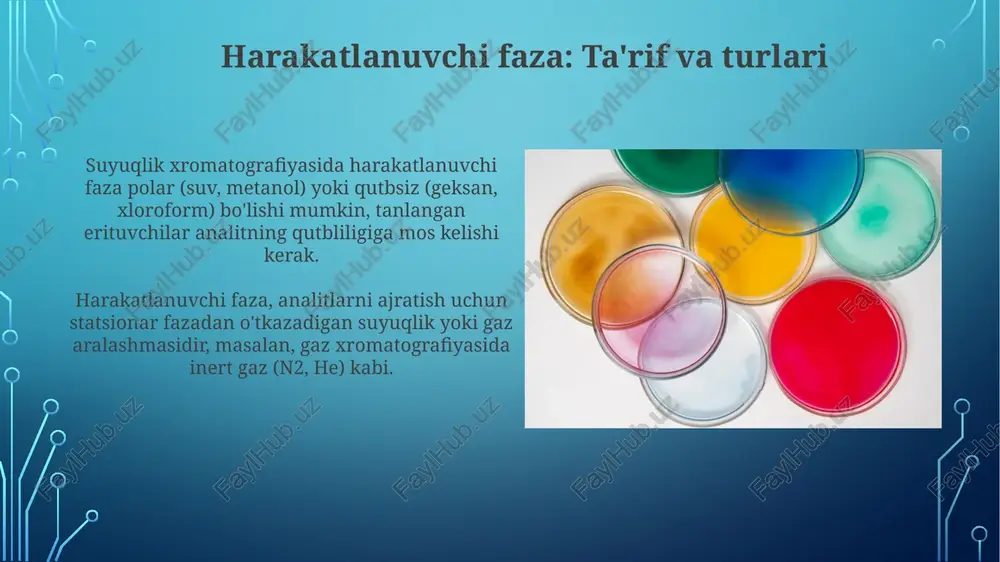 qot maqsadlariga erishilganligini, taxminlar tasdiqlanganligini yoki rad etilganligini aniq ko'rsatishi, 95% ishonch intervalini aks ettirishi kerak. xulosada, erishilgan natijalarning statistik ahamiyati (p-qiymati < 0.05) va xatoliklar (standart og'ish ±2%) aniq ifodalanishi lozim. normal faza xromatografiyasi normal faza xromatografiyasi izomerlar, lipidlar va qutbli birikmalar aralashmalarini ajratishda samarali, bunda harakatsiz faza bilan o'zaro ta'sirlashuv ajratish uchun hal qiluvchi ahamiyatga ega. ushbu usulda, 1-bo'lib harakatsiz fazaga kamroq yaqinlik ko'rsatadigan va harakatlanuvchi fazada ko'proq eruvchan qutbsiz birikmalar elyuatsiya qilinadi, bu esa ajratishga turtki beradi. statsionar faza: ta'rif va turlari statsionar fazaning turlariga qattiq, suyuq va bog'langan fazalar kiradi. qattiq fazalar adsorbsiya printsipida ishlaydi, suyuq fazalar esa eruvchanlik asosida ajratadi. statsionar faza - bu kolonnada qoladigan, harakatlanuvchi fazani ushlab turadigan material. u silika gel, alyuminiy oksid yoki kimyoviy modifikatsiyalangan polimerlar bo'lishi mumkin. qog'oz xromatografiyasi rf qiymati, 0 dan 1 gacha bo'lgan son, erituvchi old tomoniga nisbatan qanchalik masofani bosib o'tganini ko'rsatadi va moddalarni aniqlashda muhim …