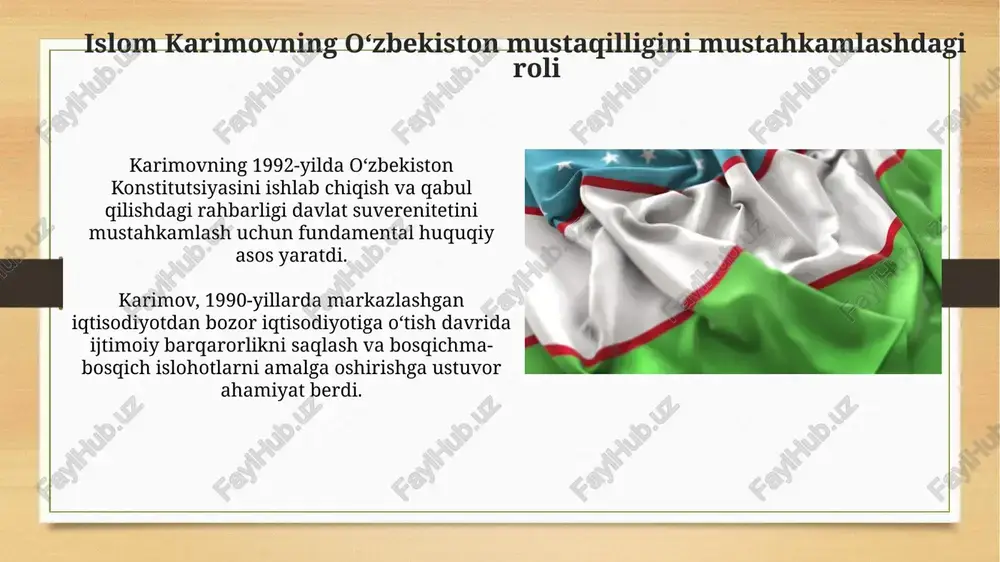 llarida o'zbekiston iqtisodiy islohotlarni boshladi, bozor iqtisodiyotiga o'tish, yangi konstitutsiyani qabul qilish va davlat qurilishini amalga oshirish kabi muhim vazifalarni o'z zimmasiga oldi. o'zbekistonning mustaqilligi e'lon qilinishi, 1991-yil 1-sentabrda, sovet ittifoqining parchalanishi arafasida, respublikaning o'z taqdirini o'zi belgilash huquqini anglatdi. mustaqillikning tarixiy ahamiyati va kelajak istiqbollari iqtisodiy mustaqillik tufayli, o'zbekiston 2017-yildan boshlab bozor iqtisodiyotiga asoslangan islohotlarni amalga oshirib, xorijiy investitsiyalarni jalb etmoqda va farovonlikni oshirmoqda. mustaqillik milliy o'zlikni anglashning muhim bosqichidir. 1989-yilda o'zbek tiliga davlat tili maqomi berilishi, madaniy merosni tiklash va rivojlantirish imkonini yaratdi. mustaqillik deklaratsiyasining qabul qilinishi va uning ahamiyati deklaratsiya o'zbekiston hududida konstitutsiya va qonunlarning ustuvorligini belgiladi, bu esa respublikaning huquqiy asoslarini yaratishda muhim qadam bo'ldi va moskva nazoratidan uzoqlashishni anglatardi. deklaratsiya o'zbekiston fuqarolarining millati, dini va ijtimoiy kelib chiqishidan qat'i nazar, ularning barcha huquq va erkinliklarini kafolatladi, tenglik tamoyilini mustahkamlab, milliy birdamlikni rag'batlantirdi. e'tiboringiz uchun rahmat image8.jpg image9.jpg image10.jpg image11.jpg image12.jpg image13.jpg image14.jpg image15.jpg image16.jpg image17.jpg …