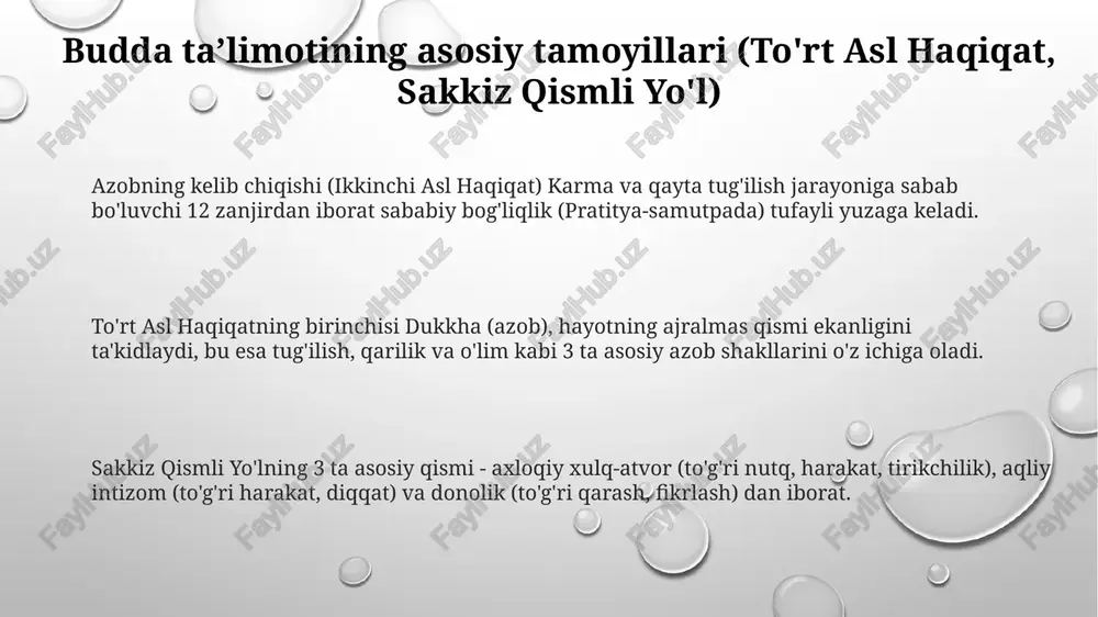 ristikasi (o'tkinchilik, azob, egosizlik) va 5 agregatlar (skandhas) yig'indisidan iboratligini ta'kidlaydi. ong buddizmda 6 sezgi organi (5 tana + ong) orqali keladigan ma'lumotlarni qayta ishlovchi, doimiy oqim sifatida ko'riladi; uning asosiy maqsadi esa 8 pog'onali yo'l orqali uyg'onishdir. buddizmning zamonaviy dunyoda tutgan o'rni buddhizm global miqyosda 500 milliondan ortiq izdoshga ega bo'lib, tinchlik, meditatsiya va onglilikni targ'ib qilish orqali zamonaviy dunyoda stressni kamaytirishga yordam beradi. buddhizm texnologiyalar davrida shaxsiy rivojlanish, etika va ekologik ongni rivojlantirishga katta e'tibor qaratadi, 2500 yillik ta'limotlar bilan bugungi muammolarga javob beradi. buddhizmda insoniylik, sabr-toqat va mehr-shafqat kabi universal qadriyatlar targ'ib etiladi, bu esa 1979-yildan keyin ham jahon miqyosida madaniyatlararo tushunishga hissa qo'shadi. e'tiboringiz uchun rahmat image1.png image2.png