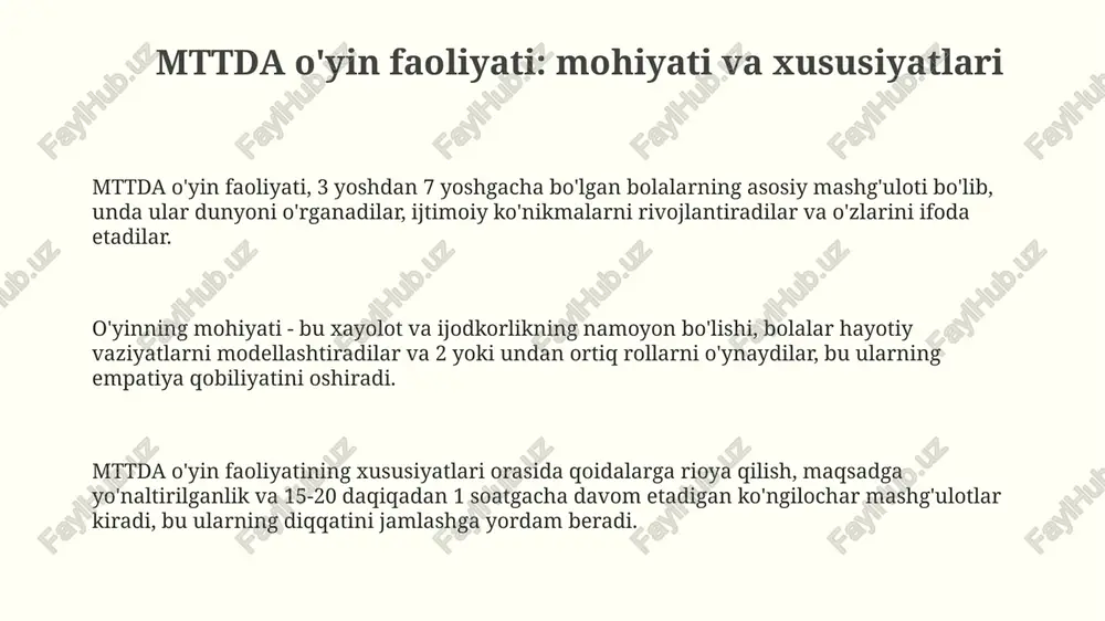 ruhli o'yinlarini tashkil etishda, o'yin muhitini yaratishda, 5-6 xil o'yinchoq va materiallardan foydalanishni ko'rsatadi. ushbu metodika o'yinning didaktik maqsadlarini aniqlash, 2-4 o'yin usullarini ishlab chiqish va o'yin qoidalarini bolalarga tushunarli tarzda yetkazishni o'z ichiga oladi. e'tiboringiz uchun rahmat