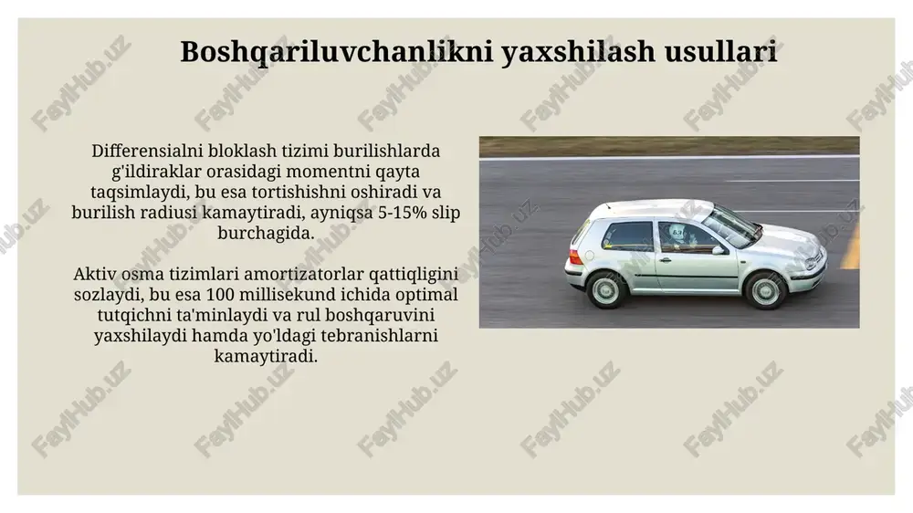 ik avtomobilning kritik tezligini bilish haydovchiga favqulodda vaziyatlarda boshqaruvni yo'qotmaslik uchun tezlikni moslashtirishga yordam beradi. bu ko'rsatkich odatda sinovlar orqali aniqlanib, tavsiya etilgan tezlik limitlariga ta'sir qiladi. kritik tezlik – bu shunday tezlikki, unda avtomobil g'ildiraklari sirpanishni boshlaydi, natijada haydovchining boshqaruv buyruqlariga javob qaytarish qobiliyati sezilarli darajada pasayadi. bu ko'rsatkich odatda km/soatda o'lchanadi. boshqariluvchanlikni baholovchi parametrlar rul boshqaruv mexanizmining o'zgarish koeffitsienti muhim rol o'ynaydi. kamroq koeffitsient haydovchiga rulni kamroq aylantirish orqali kerakli burilishga erishish imkonini beradi, optimal ko'rsatkich 12:1 dan 16:1 gacha. burilish radiusi minimal qiymati boshqaruvchanlikni baholashda muhim. kam radius avtomobilning 180 gradusga tez burilish imkoniyatini anglatadi, bu esa zich shahar sharoitida manevr qilish qobiliyatini oshiradi. boshqariluvchanlikni baholovchi asosiy parametrlar yanal tezlanish - bu avtomobilning burilish radiusiga bog'liq holda yon tomonga qanchalik tez tezlashishini ko'rsatadi. yuqori yanal tezlanish, odatda, 0.8g dan yuqori, yaxshi boshqaruvchanlikni anglatadi. g'ildiraklarni burish burchagi sezgirligi boshqaruvchanlikning asosiy ko'rsatkichidir; bu ko'rsatkich avtomobilning yo'nalishini o'zgartirish uchun g'ildiraklarni …