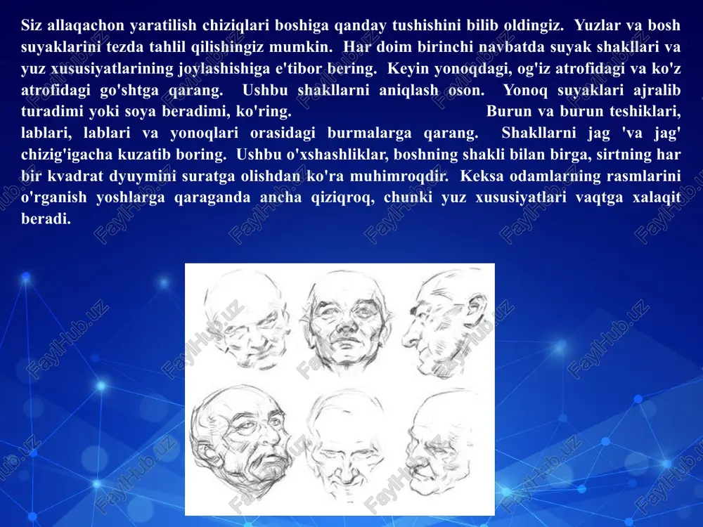 ingiz bilan tabassum qilish uchun harakat qilib ko'ring, bu harakat sizning ko'zingizni ushlashiga yo'l qo'ymaslik - bu qanday soxta ko'rinishini ko'ring. endi dam oling va tabiiy ravishda tabassum qiling - yuzingizda har bir chiziq va mushak tojdan iyagacha va orqaga qulog'ingizga qarab harakatlanishini ko'rasiz. oynadan uzoqlashib, yana takrorlang. siz haqiqatan ham yuz ifodalarini sezishingiz mumkin. siz tasavvur qiladigan barcha hissiy holatlarni takrorlashga harakat qiling: qo'rquv, g'azab, g'azab, nafrat, ojizlik, quvonch. tuyg'ularni etkazishga urinayotganda buni yodda saqlang va bu sizga yaxshi xizmat qiladi. xafagarchilik. bu yuz mushaklarining bo'shashishiga olib keladi va bu o'z navbatida ko'z qovoqlarining tushishiga olib keladi. og'iz burchaklari va qoshlarning tashqi burchaklari. qoshlarning ichki burchaklari ko'tariladi. ko'zlar yarim yopiq, og'zining burchaklari va qoshlar va burun teshiklarining tashqi burchaklari ko'tarilgan. e`tiboringiz uchun rahmat! image3.png image4.png image5.png image6.png image7.png image8.png image9.png image10.png image11.png image12.png image13.png image14.png image15.png image16.png image17.png image18.png image19.png image20.png image21.png image22.png image2.jpg /docprops/thumbnail.jpeg