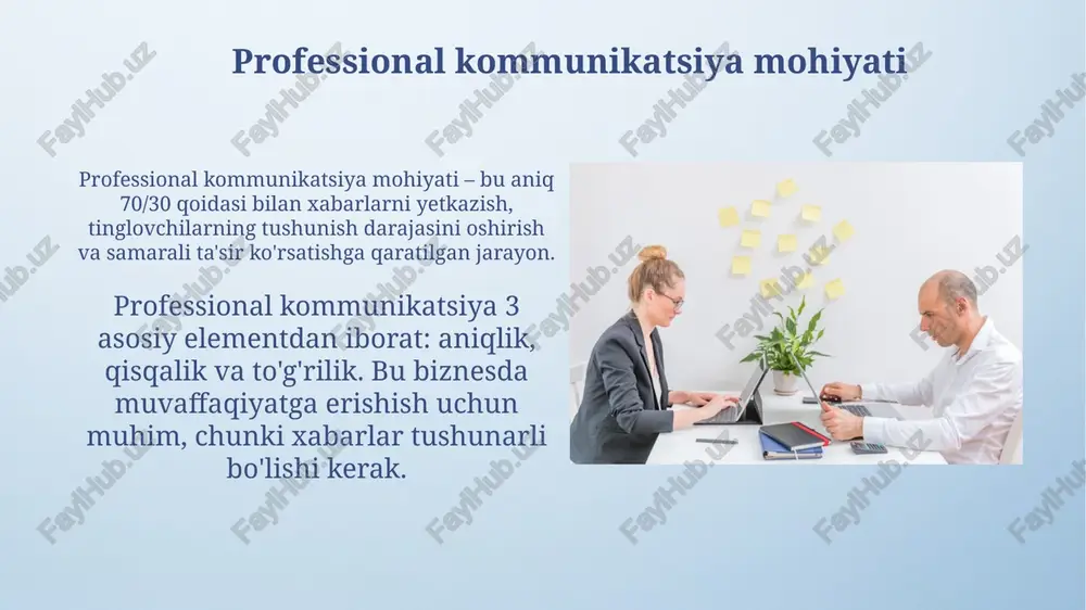 iladi va har bir elementning ta'sirini, shuningdek, kommunikatorning ko'nikmalarini ham ko'rib chiqadi. spiral model kommunikatsiya vaqt o'tishi bilan qanday o'zgarishini ko'rsatadi, unda har bir aloqa turli darajalarda rivojlanadi, oldingi muloqotlar kelajakdagi xatti-harakatlar va tushunishga ta'sir qiladi. madaniyatlararo kommunikatsiya globallashuv sharoitida 1980-yillardan beri intercultural competence muhim ahamiyat kasb etib, 5 asosiy komponentdan (bilim, ko'nikma, munosabat, xulq-atvor, natijalar) iboratdir. yuqori kontekstli madaniyatlarda (masalan, yaponiya) ma'no bevosita aytilmaydi; balki 65% holatda kontekstga tayaniladi, bu esa o'zaro munosabatlarni qiyinlashtiradi. eshitish qobiliyatlari faol tinglash 55% noverbal signallarga e'tibor berishni talab qiladi, bu suhbatdoshning his-tuyg'ularini va niyatlarini to'g'ri tushunishga yordam beradi. empatik tinglash suhbatdoshning nuqtai nazarini tushunishga qaratilgan bo'lib, uning hissiyotlarini aks ettirish orqali 90% muvaffaqiyatga erishish mumkin. elektron pochta etiketi har bir elektron xabarga 1-2 ta qisqa xulosa jumlasini qo'shish lozim, asosiy fikrlarni ta'kidlab, oluvchining vaqtini tejaydi va tushunishni osonlashtiradi. elektron pochta xabarida 12- shrift hajmidan foydalanish maqsadga muvofiq, tinish belgilariga e'tibor qaratish va xatolardan …