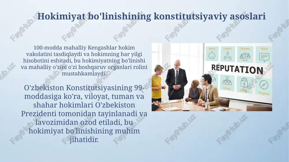 stitutsiyasiga ta'sir ko'rsatdi. xx asrda hokimiyat bo'linishi konstitutsiyaviy tuzumning muhim elementi sifatida shakllandi, bunda qonun chiqaruvchi, ijro etuvchi va sud hokimiyatlari o'z funksiyalariga ega bo'ldi. sud hokimiyati: vakolatlari va vazifalari sudlar fuqarolik, jinoyat, iqtisodiy va ma'muriy huquqbuzarliklar to'g'risidagi ishlarni ko'rish, shuningdek, qonunchilik hujjatlariga sharh berish vakolatiga ega. konstitutsiyaning 112-moddasiga ko'ra, sud hokimiyati qonun chiqaruvchi va ijro etuvchi hokimiyatlardan mustaqil bo'lib, sudyalarga faqat qonunga bo'ysunish buyuriladi. o'zbekistonda hokimiyat bo'linishi: xususiyatlari va istiqbollari o'zbekistonning hokimiyat bo'linishi tizimida oliy majlis qonun chiqaruvchi hokimiyatni amalga oshiradi, prezident esa ijro etuvchi hokimiyat boshlig'i hisoblanadi. o'zbekistonda hokimiyat bo'linishi konstitutsiyaning 11-moddasida mustahkamlab qo'yilgan bo'lib, uchta mustaqil tarmoqqa: qonun chiqaruvchi, ijro etuvchi va sud hokimiyatlariga ajratiladi. e'tiboringiz uchun rahmat image4.png image6.jpg image7.jpg image8.jpg image9.jpg image10.jpg image11.jpg image12.jpg image13.jpg image14.jpg image15.jpg image16.jpg image17.jpg image3.jpeg