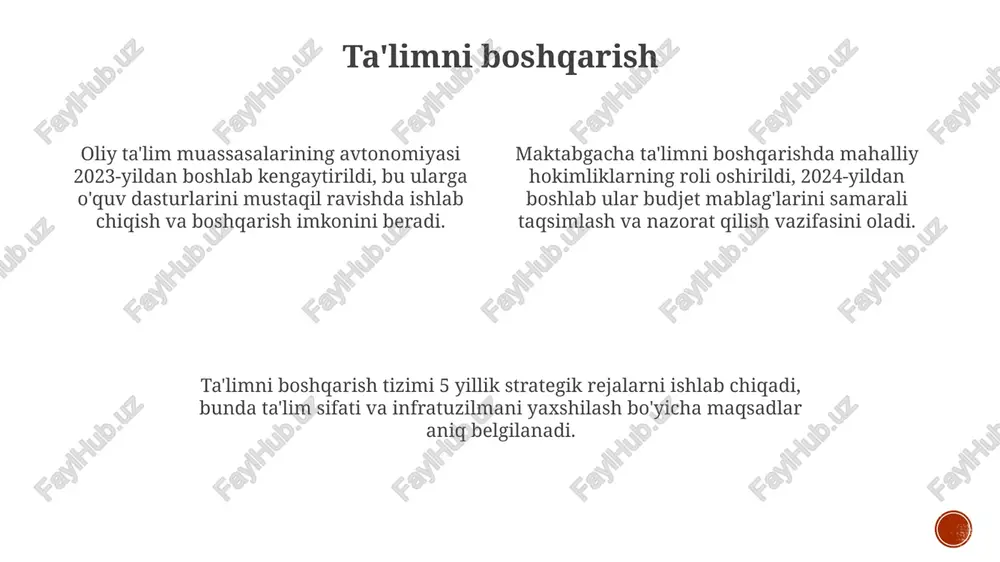 zonlarni ta'minlashga xizmat qiladi. inklyuziv ta'lim respublikada 100 dan ortiq inklyuziv ta'limga ixtisoslashgan maktablar faoliyat yuritib, bu maktablar bolalarga maxsus o'quv dasturlari va moslashuvchan yondashuvlar bilan ta'lim beradi. inklyuziv ta’lim, 2020-yilda qabul qilingan qonunga ko‘ra, barcha bolalarning ta’lim olish huquqini, shu jumladan nogironligi bo‘lgan bolalarning imkoniyatlarini tenglashtirishni nazarda tutadi. ta’lim to‘g‘risidagi qonunning 26-moddasida inklyuziv ta’limning asosiy tamoyillari, metodlari va uni tashkil etish tartibi belgilangan bo'lib, shu orqali barcha uchun qulay muhit yaratiladi. ta'lim to'g'risidagi qonunchilikning asosiy tamoyillari o'zbekiston respublikasi konstitutsiyasining 41-moddasiga muvofiq, bepul umumiy o'rta ta'lim olish huquqi davlat tomonidan kafolatlanadi. ta'limning uzluksizligi muhim ahamiyatga ega. ta'lim va tarbiyaning insonparvar, demokratik xarakteri, inson huquqlariga hurmat bilan yondashuv, ta'lim tizimida barcha uchun teng imkoniyatlar yaratish asosiy tamoyildir. ta'limning dunyoviy xarakteri, ya'ni diniy ta'lim davlat ta'lim dasturlaridan ajratilganligi va ta'limning har bir bosqichida sifatni ta'minlash asosiy tamoyillardan biridir. xususiy ta'lim 2021-yildan boshlab xususiy maktablar oʻquvchilari uchun bosqichma-bosqich davlat subsidiyalari joriy etildi, bu …