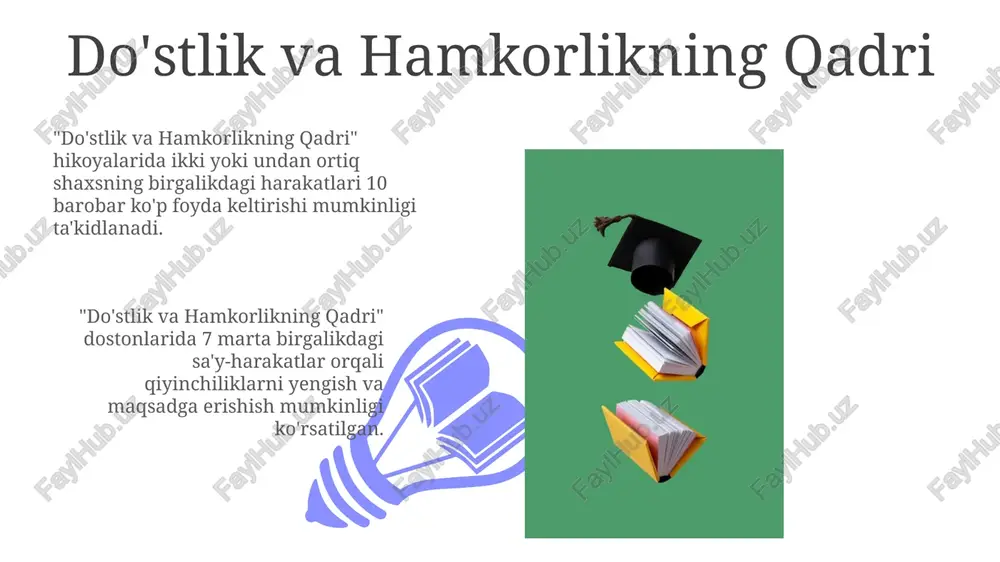 tgo'ylik esa 3 xil yomon oqibatdan saqlanish ekani aytiladi. "haqiqatgo'ylik va rostgo'ylik"da rost gapirishning afzalliklari 100 martadan ziyod ta'kidlangan, yolg'onning esa 0 foiz foydasi yo'qligi ko'rsatilgan. vatanga muhabbat 01 02 “vatanga muhabbat”da 2 ta tulki orqali vatanparvarlikning mohiyati ochiladi: haqiqiy vatanparvarlik manfaatdan ustun turishi 3 martalik takror bilan ifodalanadi. sales 1st qtr 2nd qtr 100 0 sales 1st qtr 2nd qtr 100 0 saxovat va mehr-oqibat "saxovat va mehr-oqibat"da ochko'zlikning yomon oqibatlari 10 misol orqali ko'rsatiladi, saxovat esa 5 maqsadga erishishning asosiy omili sifatida ta'kidlanadi. "saxovat va mehr-oqibat" mavzusida 8 ta afsonaviy qahramon tasvirlangan, ularning fe'l-atvori orqali 4 xil ijobiy va salbiy xususiyatlar aks ettirilgan. xulosa "xulosa"ning asosiy maqsadi - o'quvchilarni 7 ta hayvon (tulki, bo'ri, sher) obrazi orqali adolat, bilim olish, va oqilona qaror qabul qilishga undash, misollar bilan tasdiqlaydi. "xulosa"dagi 5 ta masal, ayniqsa, boylikka hirs qo'ymaslik, 3 ta ahmoqlikdan saqlanish, va do'st tanlashda ehtiyotkor bo'lish kabi muhim …