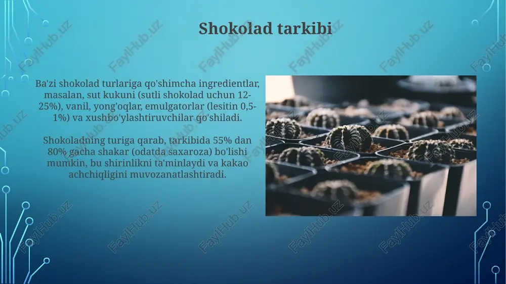 mallashtirish va yog’ning “bloom”lanishini oldini olish uchun muhim. qora shokolad texnologiyasi qora shokolad ishlab chiqarishda kakao massasi va kakao moyining miqdori kamida 50-70% ni tashkil etadi, bu uning boy ta'mi va antioksidant xususiyatlarini belgilaydi. temperlash qora shokoladning barqaror kristalli shaklini (beta kristallar) hosil qilish uchun zarur, bu esa 30-32°c haroratda amalga oshiriladi va uning porlashi va qattiqligini ta'minlaydi. sutli shokolad texnologiyasi konchelash jarayoni sutli shokoladga xosdir. unda 48-72 soat davomida aralashtirish va isitish orqali namlik 1% gacha kamaytiriladi, ta'mi yaxshilanadi. sutli shokolad texnologiyasida kamida 10% quruq sut moddalari, 2.5% yog'siz quruq sut moddalari va 3.5% sut yog'i bo'lishi shart. bu ta'mga ta'sir qiladi. kirish "kirish" shokolad mahsulotini ishlab chiqarishda xom ashyoni qabul qilish va uni sifat nazoratidan o'tkazish kabi jarayonlarni o'z ichiga oladi, bu esa yakuniy mahsulotning xususiyatlariga ta'sir qiladi. "kirish" bosqichida shokoladning ta'mi, hidi va tuzilishiga ta'sir qiluvchi asosiy ingredientlar, masalan, shakar va vanilin kabi qo'shimchalar aniq miqdorlarda qo'shiladi. …