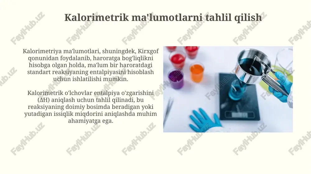 h issiqligi, 25 °c (298 k) va 1 atm bosimda o'lchanadi, bu standart sharoitlarda entalpiya o'zgarishini aniqlashga yordam beradi. e'tiboringiz uchun rahmat image4.jpg image5.jpg image6.jpg image7.jpg image8.jpg image9.jpg image10.jpg image11.jpg image12.jpg