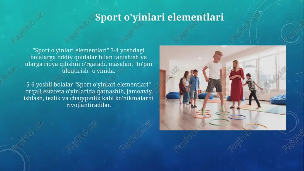 arga 10 dan ortiq elementar sport o'yinlari qoidalarini o'rgatish muhim ahamiyatga ega. jismoniy tarbiya mashg'ulotlarining turlari sport mashqlari 25-30 daqiqa davom etadi, turli xil sport elementlarini o'z ichiga oladi (masalan, suzish, gimnastika), bolalarning motor ko'nikmalarini rivojlantiradi va ularga yangi harakatlarni o'rgatadi. ertalabki badantarbiya 5-7 daqiqa davom etadi, oddiy harakatlardan iborat bo'lib, bolalarning umumiy jismoniy tayyorgarligini oshiradi va kun davomida faol bo'lishga tayyorlaydi. harakatli o'yinlar harakatli o'yinlar 3 yoshdan 7 yoshgacha bo'lgan bolalar uchun asosiy vosita bo'lib, ular harakat faolligini oshiradi va 5-6 asosiy harakatni (yugurish, sakrash, uloqtirish) rivojlantiradi. ushbu o'yinlar qoidalarga asoslangan bo'lib, bolalarda diqqatni jamlash, 2 yoki undan ortiq o'yinchi bilan hamkorlik qilish va 10-15 daqiqa davomida o'yinga qatnashish ko'nikmalarini shakllantiradi. maktabgacha ta'lim muassasalarida jismoniy tarbiyani tashkil etish shakllari mustaqil harakat faoliyati kun davomida 2-3 marta 10-15 daqiqa davom etadi, bolalar o'zlari tanlagan o'yinlarda va harakatlarda ishtirok etadilar. ertalabki badantarbiyasi 5-7 daqiqa davom etadi, unda umumrivojlantiruvchi mashqlar va nafas …