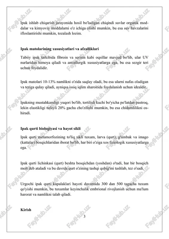 tut barglarining hosildorligi va sifati uchun azot (n), fosfor (p), kaliy (k) kabi o'g'itlardan foydalanish katta ahamiyatga ega, ularning nisbati barg tarkibini yaxshilaydi va ipak qurti o'sishini rag'batlantiradi. barg yetishtirish uchun tut plantatsiyalari joylashuvi muhim, optimal harorat 24-30°c va namlik 70-80% bo'lishi talab etiladi, bu esa yuqori sifatli barg hosilini ta'minlaydi. xulosa va istiqbollar xulosa shuni ko'rsatadiki, 2023-yilda o'zbekiston ipak matolar ishlab chiqarish hajmi 15% ga oshdi, bu esa mahalliy resurslardan samarali foydalanish natijasidir. 2024-2027 yillarda ipakchilik sohasiga 30 million dollar investitsiya kiritish rejalashtirilgan, bu esa yangi ish o'rinlarini yaratadi va innovatsiyalarni rag'batlantiradi. kelajakda organik ipak ishlab chiqarish texnologiyalarini joriy etish orqali 25% ga eksport hajmini oshirish imkoniyati mavjud, bu barqaror rivojlanishni ta'minlaydi. ipak matolarini parvarish qilish dazmollashda past haroratda (odatda 110°c gacha) dazmollang va mato ustidan yupqa paxta mato qo'ying, to'g'ridan-to'g'ri dazmollash ipakka zarar yetkazishi mumkin. ipak mahsulotlarni quritishda quyosh nuridan saqlaning; aksincha, havosi yaxshi joyda gorizontal ravishda yoyib …