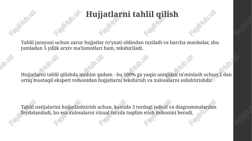 jalarini taqdim etish auditorlik natijalarini taqdim etishda, xulosa va tavsiyalarni aniq ifodalash lozim, masalan, '5 ta muhim kamchilik aniqlandi' deb, shuningdek ularni ustuvorligini ko'rsatish kerak. hisobotda topilgan nuqsonlarni va ularning moliyaviy ta'sirini (masalan, 10 million so'mlik xatolik) iloji boricha miqdoriy jihatdan baholab berish auditorlik sifatini oshiradi. yakuniy taqdimotda, auditorlik jarayonida qo'llanilgan metodologiya (masalan, 'riskga asoslangan audit') va standartlarga (masalan, 'xalqaro audit standartlari') qisqacha to'xtalib o'tish muhim. tavsiyalarni ishlab chiqish tavsiyalarni ishlab chiqishda 1-darajali vazifa audit natijalarini chuqur tahlil qilish va aniqlangan kamchiliklarning sabablarini ob'ektiv baholashdan iborat. 3-qadam sifatida, tavsiyalarning bajarilish muddatlari, mas'ul shaxslar va monitoring ko'rsatkichlari kabi muhim detallarni aniqlashtirish, shuningdek, imkon qadar aniq bo'lish lozim. tavsiyalarni tayyorlash jarayonida xatarlarni minimallashtirish, resurslardan oqilona foydalanish va jarayon samaradorligini oshirishga qaratilgan aniq 2-bosqichli yechimlarni shakllantirish kerak. tuzatish harakatlarini monitoring qilish tuzatish harakatlarining samaradorligini baholash uchun 3 oylik davr ichida kamida 2 ta monitoring tekshiruvi o'tkazish, natijalarni taqqoslash muhim. monitoring jarayonida aniqlangan nomuvofiqliklar …