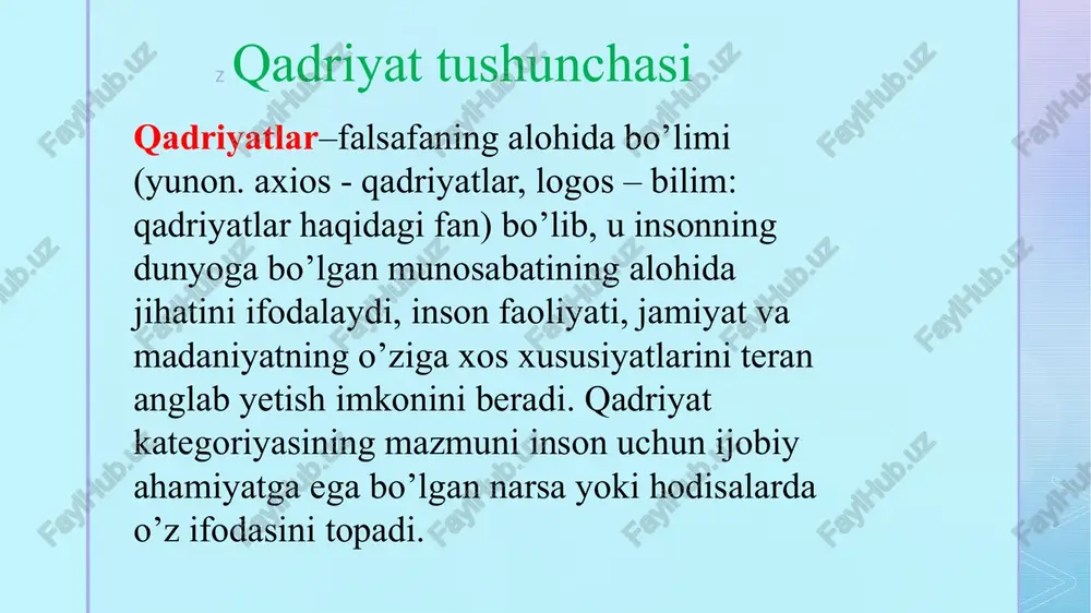 o da vinche ijodida insonparvarlik va hurfikrlilik qadriyatlari birinchi o’ringa chiqqan. jumladan a.navoiyning odil jamiyat qurish haqidagi g’oyasida umuminsoniy qadriyatlar tizimi, muhabbat, komil inson ta‘limotida esa eng yetuk inson qiyofasiga xos shaxsiy qadriyatlar tizimi ifodalangan. qadriyatlar nazariyasi falsafiy bilimlarning ilmiy tizimi sifatida xix asrning ikkinchi yarmida vilgelm vindelband, rudolf lotse, german kogen, genrix rikkert kabi nemis faylasuflarining asarlarida shakllana boshladi. ayni shu davrda r. lotse va g.kogen ob‘ekt ma‘nosidagi qadriyat tushunchasiga ilk bor falsafiy ta‘rif berdi. xx asrning boshida fransuz faylasufi p.lapi qadriyatlar nazariyasini ifodalash uchun «aksiologiya» (yunon. axios - qadriyat, logos – fan, ta‘limot) atamasini muomalaga kiritdi. keyinchalik aksiologiya muammolari fenomenologiya, germenevtika, ekzistensializm va boshqa falsafiy yo’nalishlarning vakillari tomonidan tadqiq etildi. mamlakatimizda qadriyatlar haqidagi fan sho’ro davrida, uning nazariy asosini idealistik falsafa tashkil qilgani uchun rad etildi. xx asrning 80-yillaridan e‘tiboran bu nazariya rivojlana boshladi. bu dastlab x. shayxova ijodida milliy qadriyatlarning asosiy shakllari, inson qadri va shaxsiy qadriyatlarning …