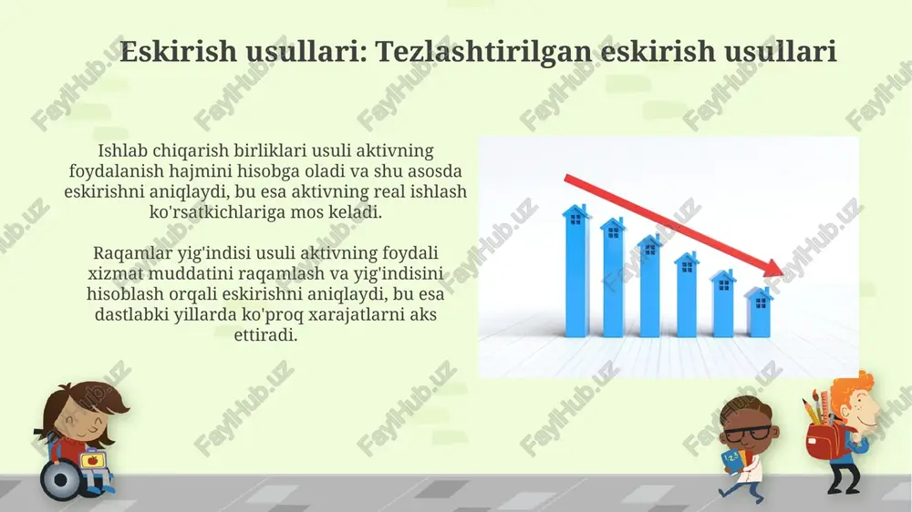 ishining ahamiyati hisobot davri uchun sof foydani aniq hisoblash, soliqqa tortiladigan bazani kamaytirish va resurslarni alokatsiya qilishni yaxshilashga yordam beradi. eskirishning mohiyati kompaniya aktivlarining xizmat muddatini aks ettirish va bu aktivning foydalanishdan keladigan iqtisodiy naflarning taxminiy taqsimlanishini aniqlashdir. eskirishni boshqarish bo'yicha eng yaxshi amaliyotlar aktivlarni inventarizatsiya qilish orqali hisobdagi ma'lumotlar bilan haqiqiy mavjudligini solishtirish, shuningdek, amortizatsiya hisoblashda soliq qonunchiligi (o'zbekiston soliq kodeksi 143-moddasi) talablariga rioya qilish kerak. asosiy vositalarning qoldiq qiymatini aniq hisoblash uchun har bir aktivning foydali xizmat muddatini (masalan, 5-10 yil) va amortizatsiya usulini (to'g'ri chiziqli, kamayib boruvchi qoldiq) belgilash zarur. eskirish bo'yicha buxgalterlik hisobi o'zbekistonda eskirishni hisoblash uchun to'g'ri chiziqli, ishlab chiqarish birligi va kamayib boruvchi qoldiq usullari qo'llaniladi, ularning har biri 0200 balansda aks etadi. soliq kodeksining 306-moddasiga muvofiq, eskirish me'yorlari aktiv turiga bog'liq; masalan, binolar uchun 5%, uskunalar uchun esa 20% eskirish me'yori qo'llanilishi mumkin. e'tiboringiz uchun rahmat image7.jpg image8.jpg image9.jpg image10.jpg image11.jpg image12.jpg image13.jpg …