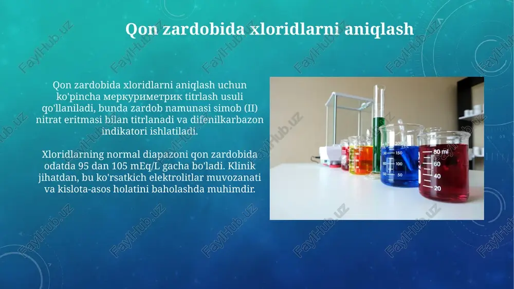 kda titrlanadigan kislotalilikni aniqlashda, ammiakni hisobga olmaslik uchun formaldegid qo'shiladi, chunki formaldegid ammiak bilan reaksiyaga kirishib, titrlashga xalaqit beradi. titrimetriya asoslari titrimetriyaning aniqligi va to'g'riligi titrantning konsentratsiyasini (standartlash), reaksiyaning stoxiometriyasi va ekvivalentlik nuqtasini aniq aniqlash kabi omillarga bog'liqdir. neytrallash titrlashda kislota va asos o'rtasidagi reaksiyaga asoslanadi, bunda ekvivalentlik nuqtasi ph indikatorlar yoki ph metr yordamida aniqlanadi, uning ph 7 ga yaqinlashadi. xulosa neytrallash titrlash, masalan, qondagi laktat kislotasini aniqlashda, ishqoriy zahiraning miqdorini baholashda muhim rol o'ynaydi, bu 1-darajali diagnostika usulidir. neytrallash titrlash usuli klinik laboratoriyada kislota va asos konsentratsiyasini 0.01 m dan yuqori aniqlikda aniqlash uchun keng qo'llaniladi. neutralizatsiya usulining klinik laboratoriyadagi ahamiyati neutralizatsiya usuli siydikdagi kislotalikni (ph) aniqlashda ishlatiladi; normal ph 4.5 dan 8.0 gacha bo'lishi kerak, bu esa buyrak faoliyatini baholashga yordam beradi. qondagi elektrolitlar muvozanatini aniqlash uchun titrlash usuli muhim. masalan, natriy bikarbonat (nahco3) miqdori kislota-asos holatini baholashda katta rol o'ynaydi. titrlashning turlari qoldiq titrlashda, reaksiyaga haddan …