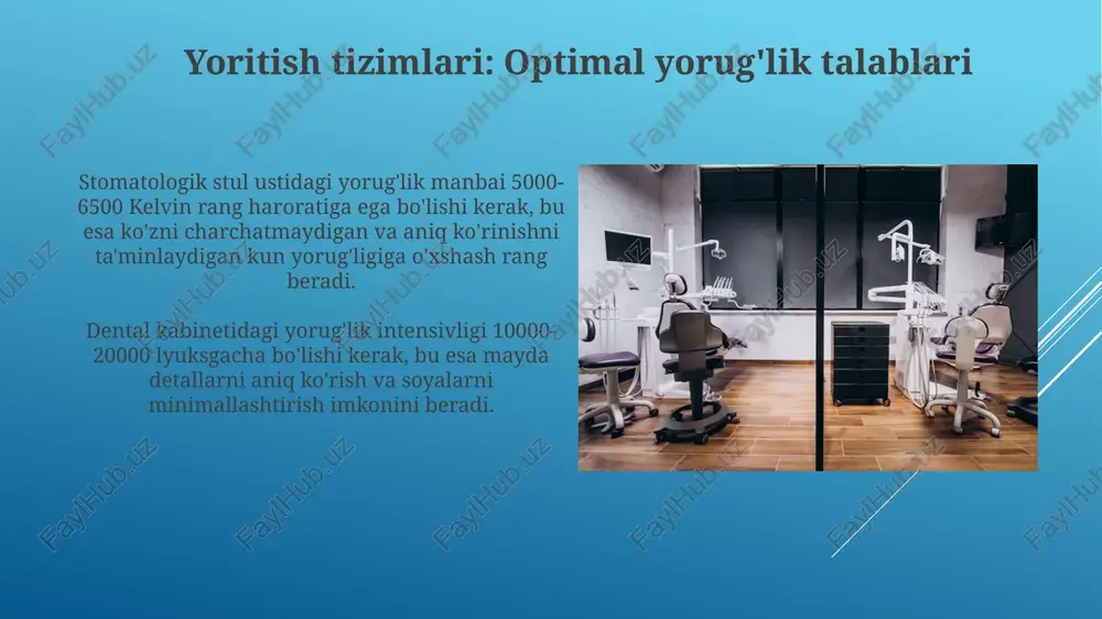 gini ta'minlaydi. kirishda, shuningdek, tibbiy xodimlar uchun alohida xona bo'lishi kerak, unda kiyim almashtirish va dam olish uchun sharoitlar yaratilgan bo'lib, bu ish samaradorligini oshiradi. raqamli tasvirlash tizimlari zamonaviy raqamli rentgenografiya sensorlari 10-20 juft chiziq/mm gacha bo'lgan aniqlikni ta'minlaydi, bu esa kichik anatomik tuzilmalarni aniqroq vizualizatsiya qilish imkonini beradi. raqamli tasvirlash tizimlari 70% gacha radiatsiya ta'sirini kamaytiradi, chunki ular yuqori sezuvchanlikka ega va an'anaviy plyonka tasvirlashga nisbatan kamroq nurlanishni talab qiladi. stomatologik uskunaning turlari va klassifikatsiyasi diagnostika uskunalariga rentgen apparatlari, intraoral kameralar va 3d skanerlar kiradi, ularning har biri turli xil aniqlik va nurlanish darajalariga ega. stomatologik uskunalarning turlari 1 dan 3 gacha bo'lgan sinflarga bo'linadi, bu sinflar xavfsizlik darajasi va potentsial xavflilikni ko'rsatadi. stomatologik o'rindiqlar: ergonomika va funksionallik o'rindiq funksionalligi stomatolog uchun sozlanishi bosh suyagi tayanchi, qo'l dayamalari va oyoq boshqaruvlari bilan ta'minlanishi, harakat diapazonini 180 gradusgacha ta'minlashi zarur. zamonaviy stomatologik o'rindiqlar ko'pincha o'rnatilgan led yoritgichlar, suyuqlik ta'minoti tizimlari …