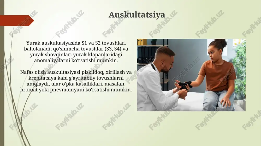 orat o'zgarishi, shakli, hajmi, konsistensiyasi va joylashuvi kabi 5 ta asosiy ko'rsatkich aniqlanadi, bu tashxis qo'yishga yordam beradi. so'roq: anamnez yig'ish anamnez yig'ish jarayonida bemorning hissiy holati va psixologik omillari ham hisobga olinadi, chunki stress 20-30% kasalliklarning rivojlanishiga ta'sir qilishi mumkin. anamnez yig'ishda bemorning shikoyatlari, kasallik tarixi (anamnesis morbi) va hayot tarzi (anamnesis vitae) kabi muhim ma'lumotlar 3 asosiy qismga bo'linib, aniqlanadi. auskultatsiya: eshitib tekshirish auskultatsiya qorin shovqinlarini baholashda ishlatiladi, normal shovqinlar har daqiqada 5-34 marta eshitiladi va ularning yo'qligi yoki kuchayishi ichak tutilishi yoki yallig'lanishini ko'rsatishi mumkin. o'pka auskultasiyasi nafas shovqinlarini (vesikulyar, bronxial) baholaydi va xirillashlar (masalan, 3 turdagi xirillashlar) kabi anormalliklarni aniqlaydi, bu esa kasallikni diagnostika qilishga yordam beradi. perkussiya: taqillatib tekshirish taqillatib tekshirishning muhim jihati shundaki, hosil bo'lgan tovush turli organlar ustida turlicha bo'ladi, masalan, o'pka ustida rezonans, jigar ustida esa xiralik. perkussiyaning asosiy usuli to'g'ridan-to'g'ri (bilvosita) bo'lib, unda bir barmoq boshqasiga uriladi, bu o'pka kasalliklarida xiralashgan …